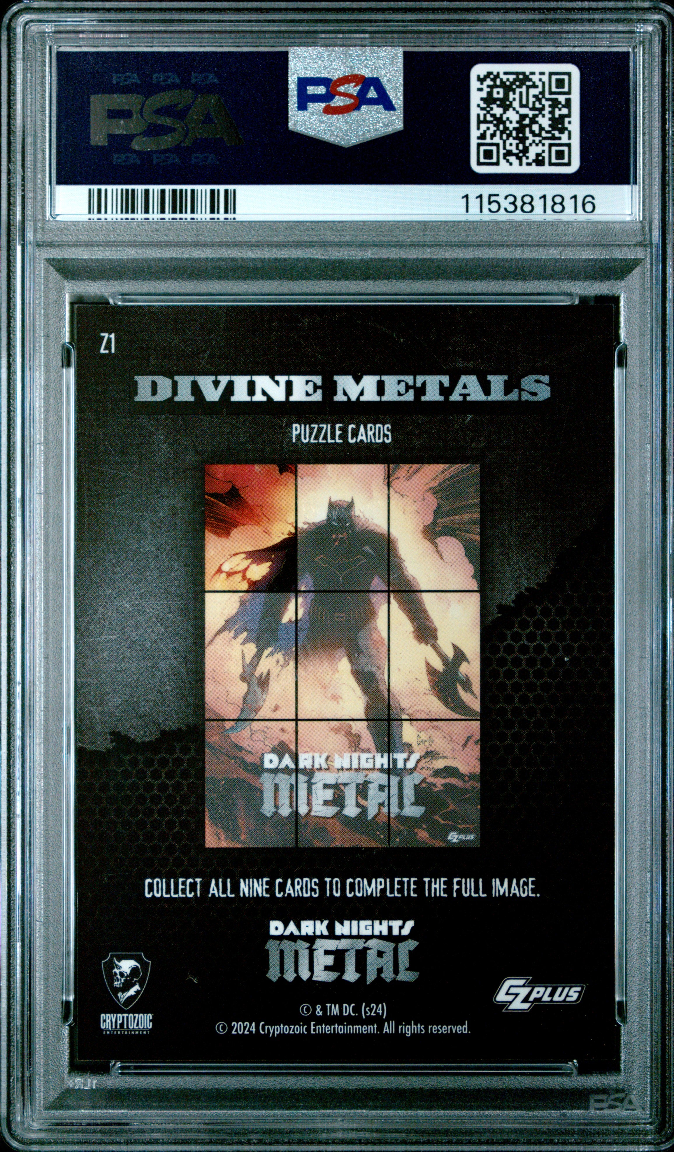 Cryptozoic Czplus Dark Nights: Metal Divine Metals Puzzle Z1 Puzzle Card Red Brilliance PSA 10 GEM MINT Cert #115381816