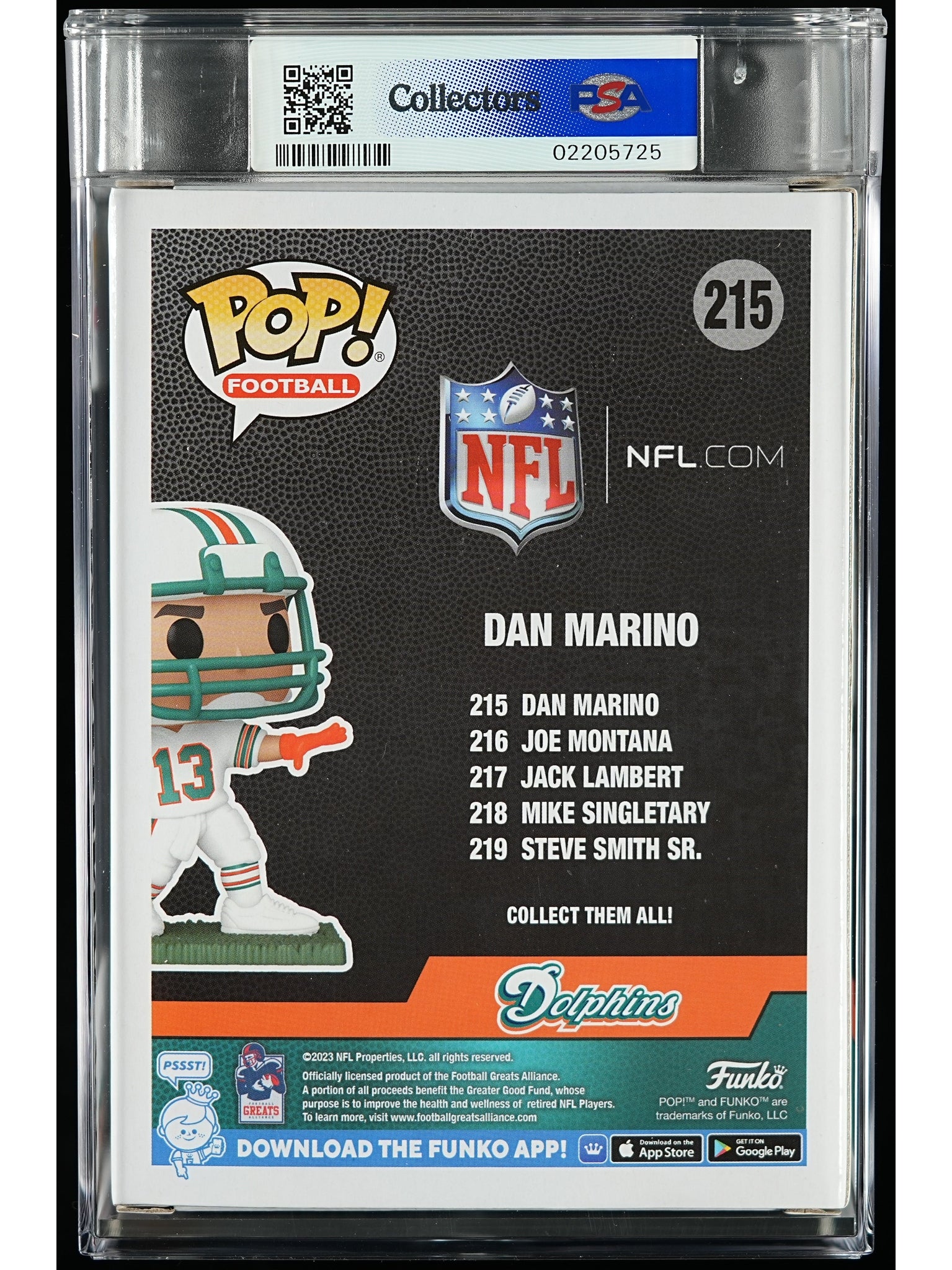 Funko Pop! NFL Miami Dolphins: Dan Marino PSA Graded Vinyl Figure #215 Cert #02205725