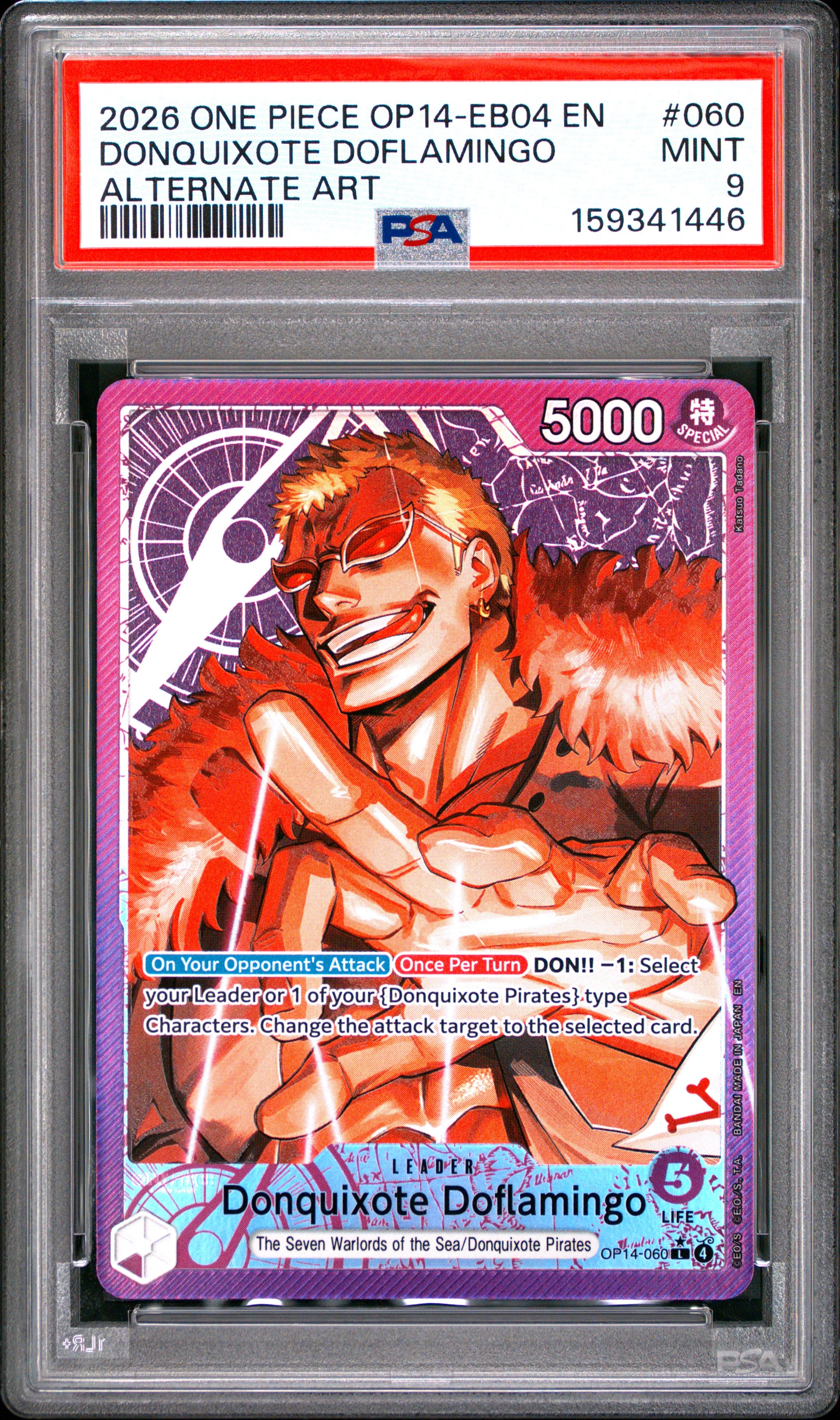 One Piece Op14 Eb04 The Azure Sea's Seven 060 Donquixote Doflamingo Alternate Art PSA 9 MINT Cert #159341446