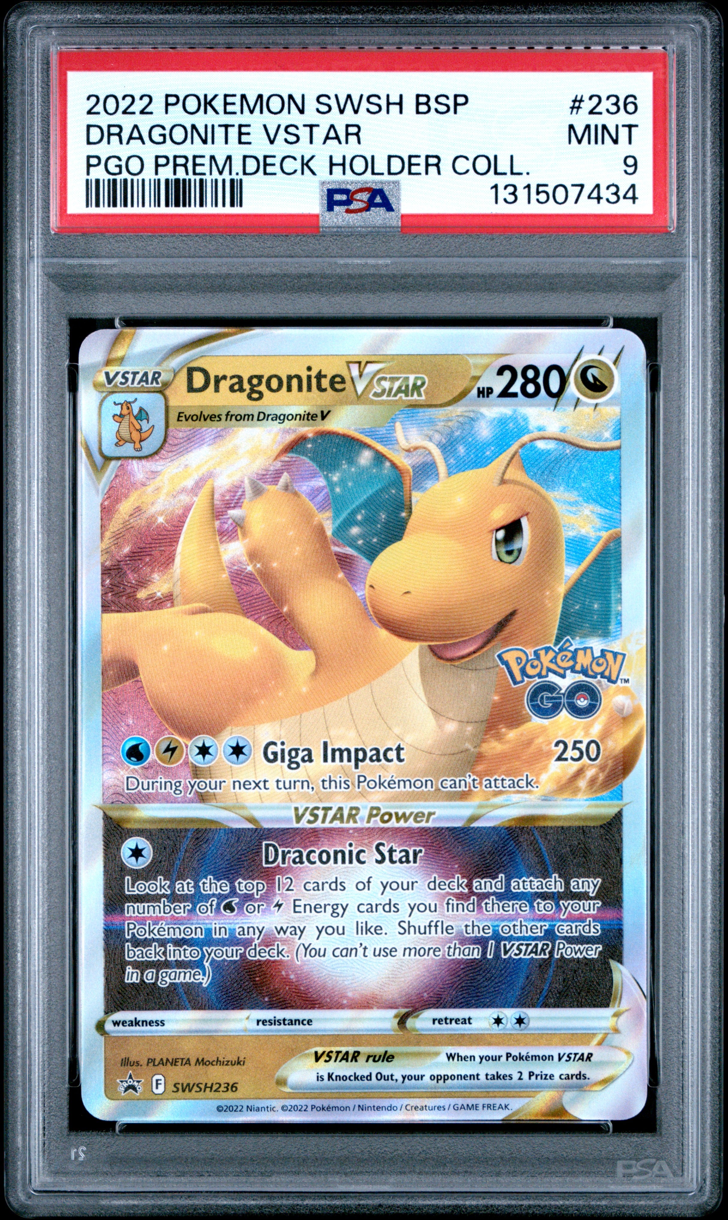 Pokemon Swsh Black Star Promo 236 Dragonite Vstar Pokemon Go Premier Deck Holder Collection PSA 9 MINT Cert #131507434