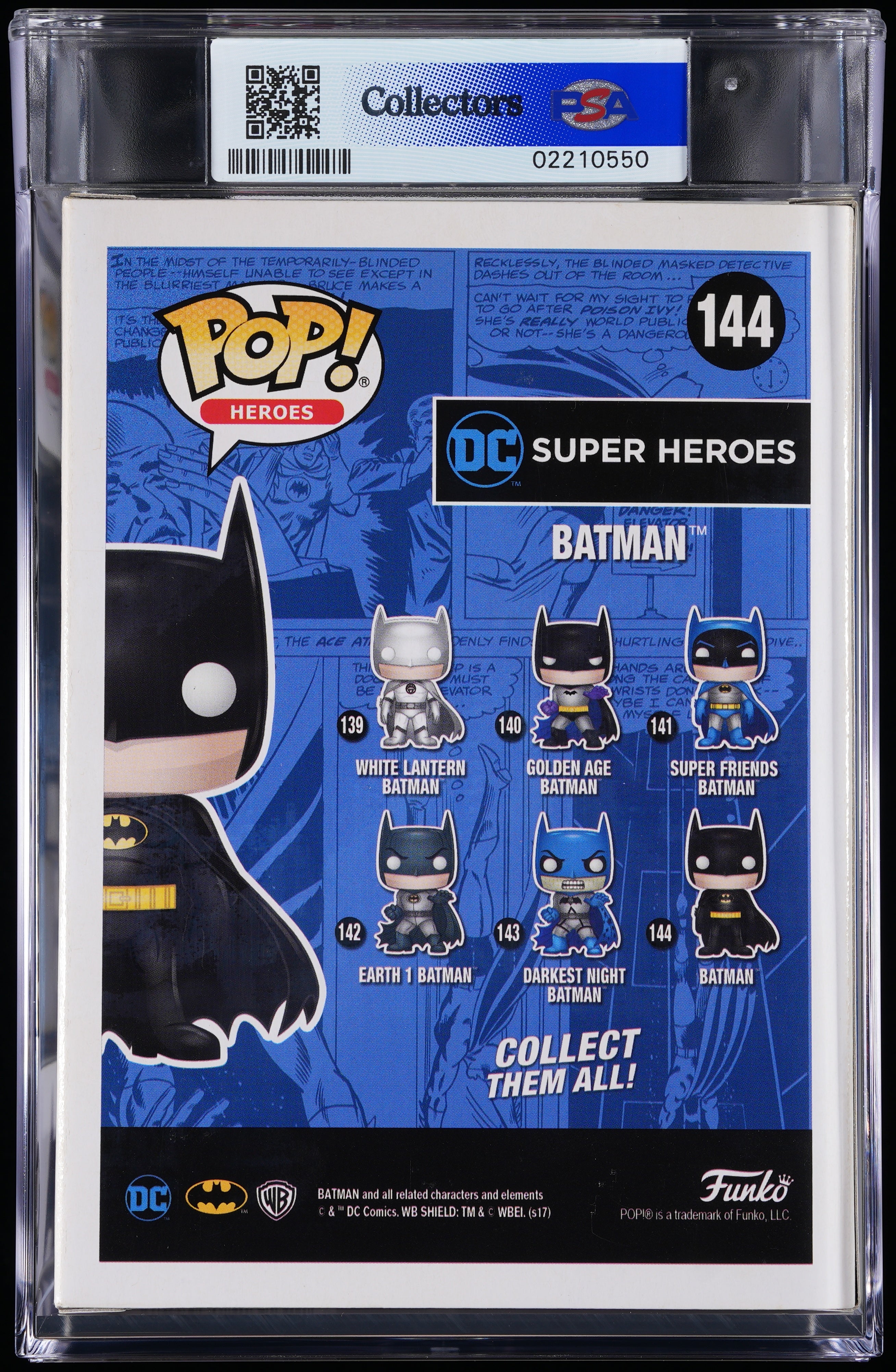 Funko Pop! PSA Graded DC Super Heroes: Batman (Blue Chrome 2017 Summer Convention) PSA Graded 8.5 NM-MT+ Vinyl Figure #144 Cert #02210550