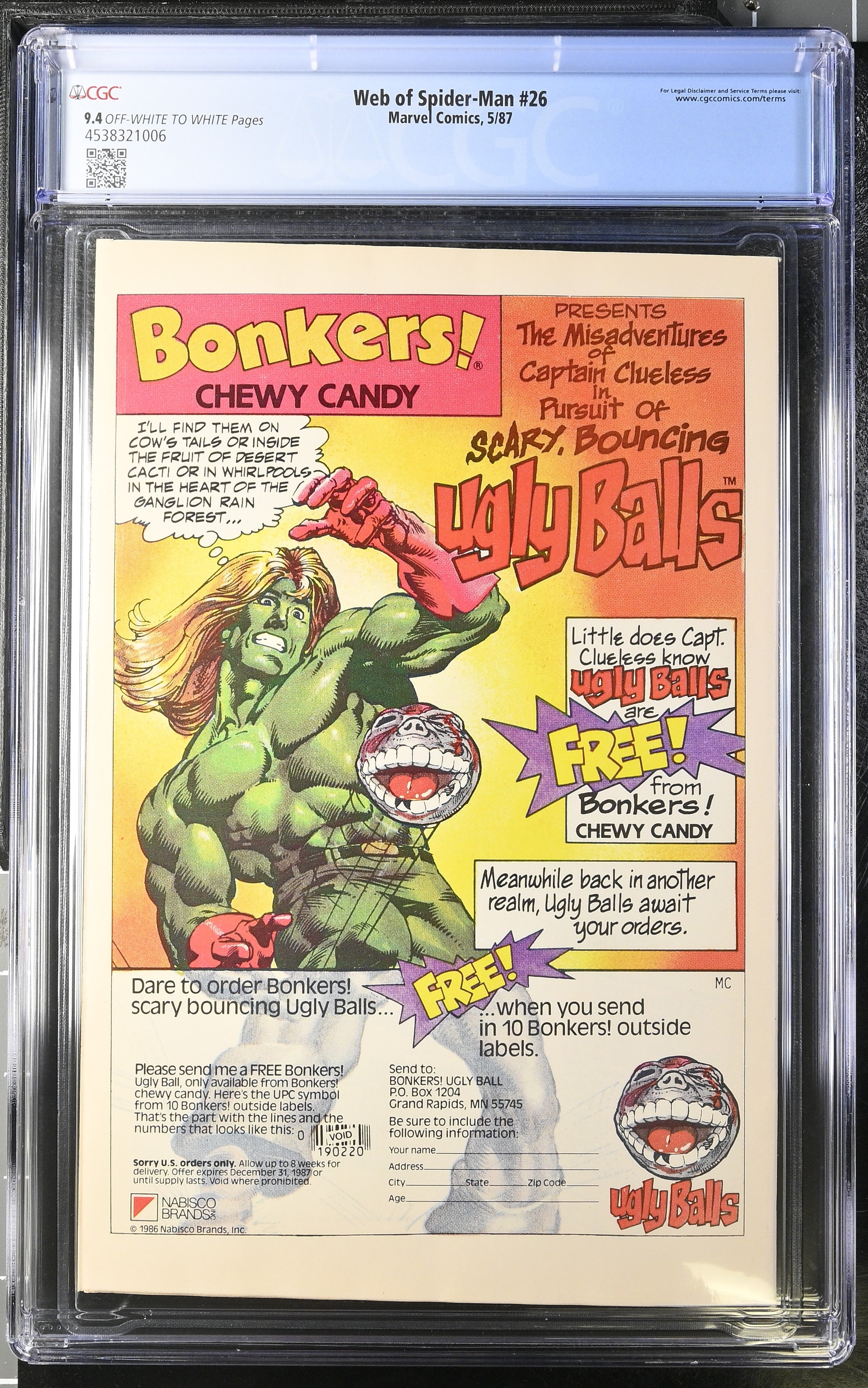 Marvel Comics: Web of Spider-Man 26 5/87 CGC 9.4 Cert #4538321006