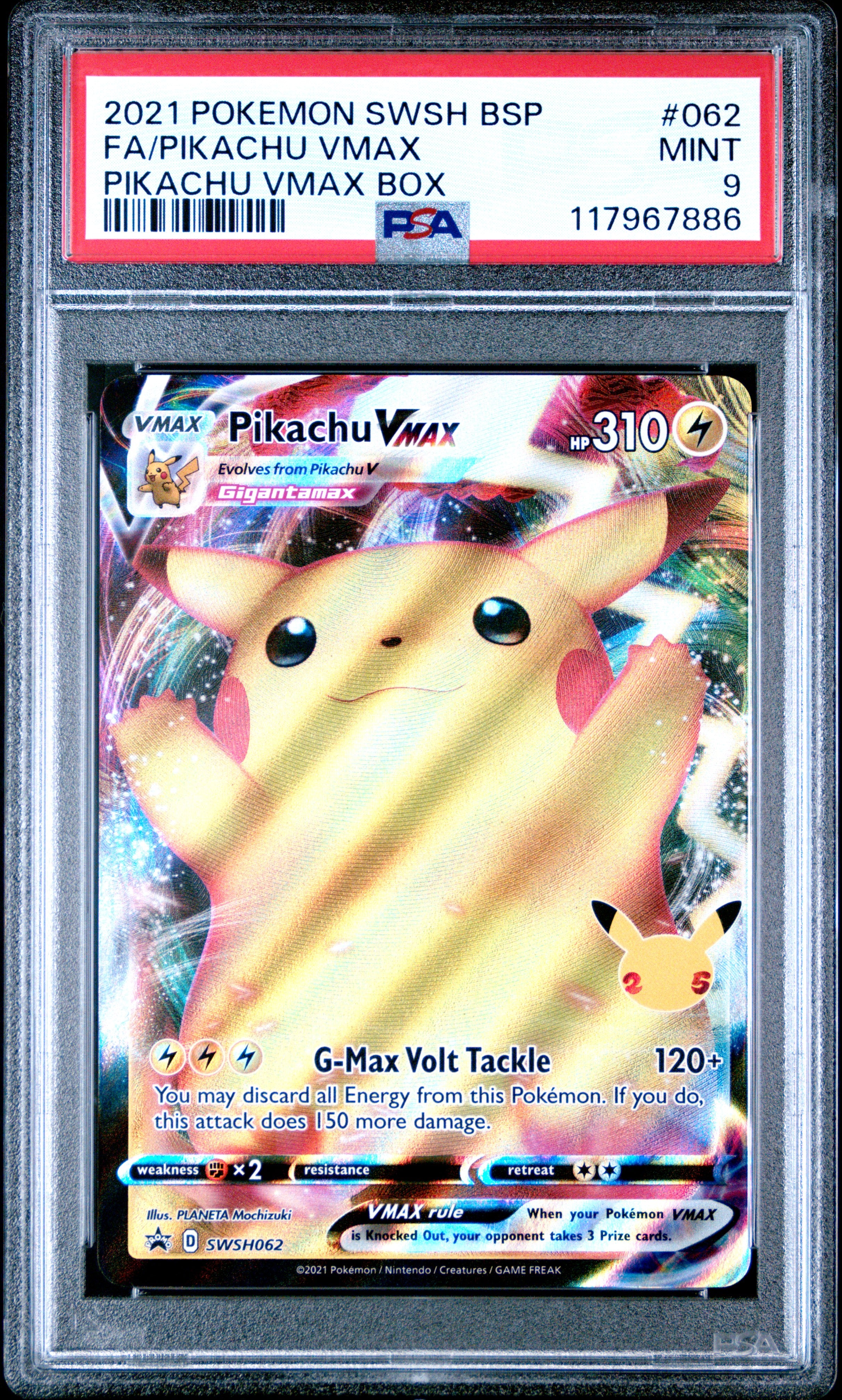 Pokemon Swsh Black Star Promo 062 Full Art/Pikachu Vmax Pikachu Vmax Box PSA 9 MINT Cert #117967886