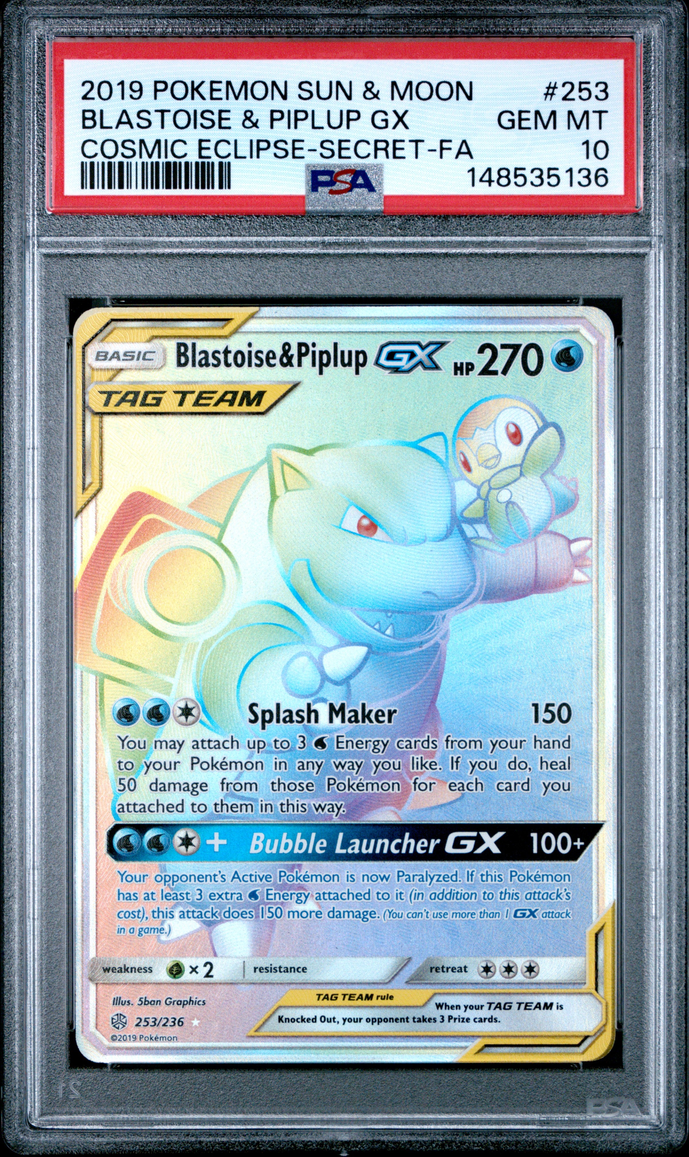 Pokemon Sun & Moon Cosmic Eclipse 253 Full Art/Blastoise & Piplup Gx Secret PSA 10 GEM MINT Cert #148535136