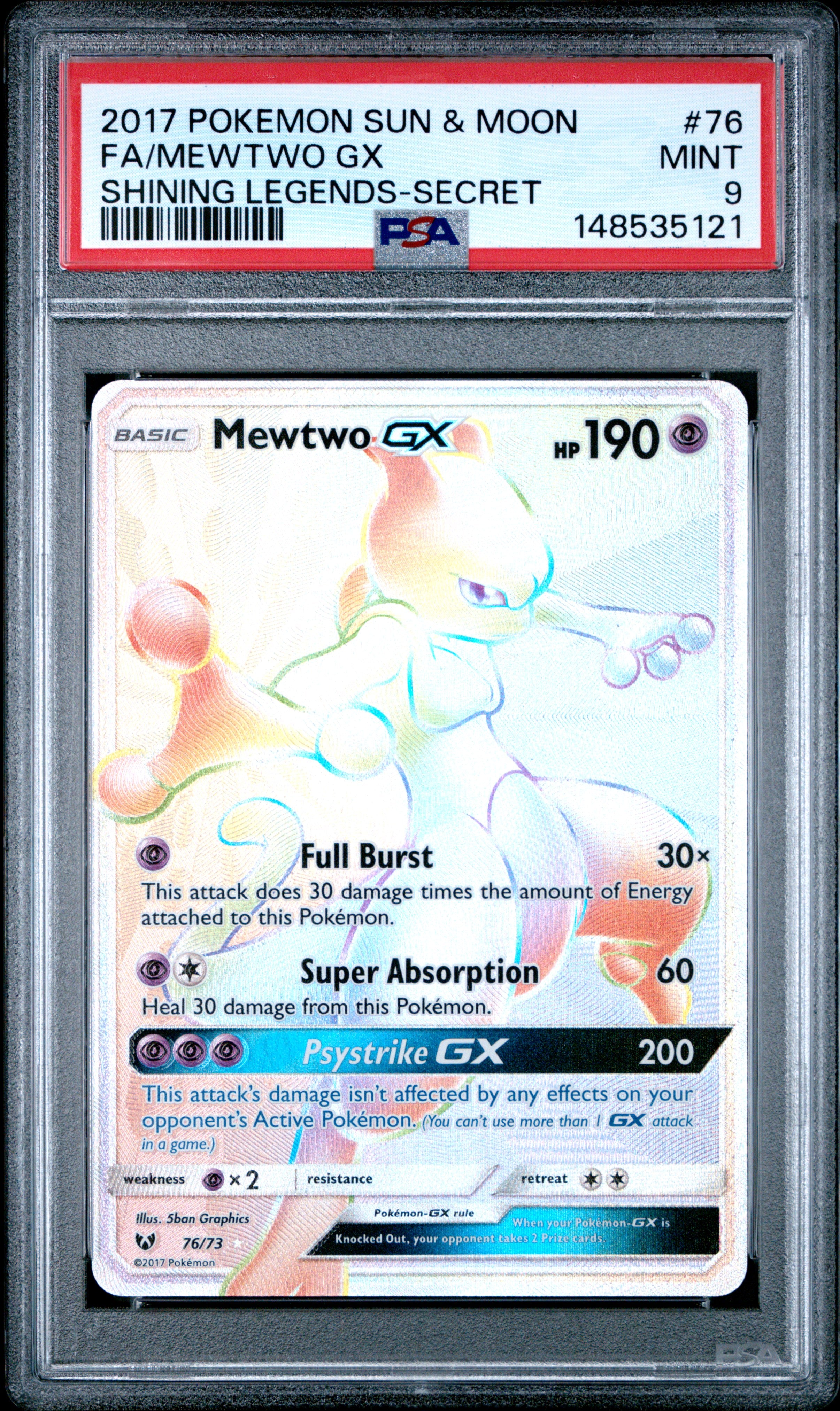 Pokemon Sun & Moon Shining Legends 76 Full Art/Mewtwo Gx Secret PSA 9 MINT Cert #148535121