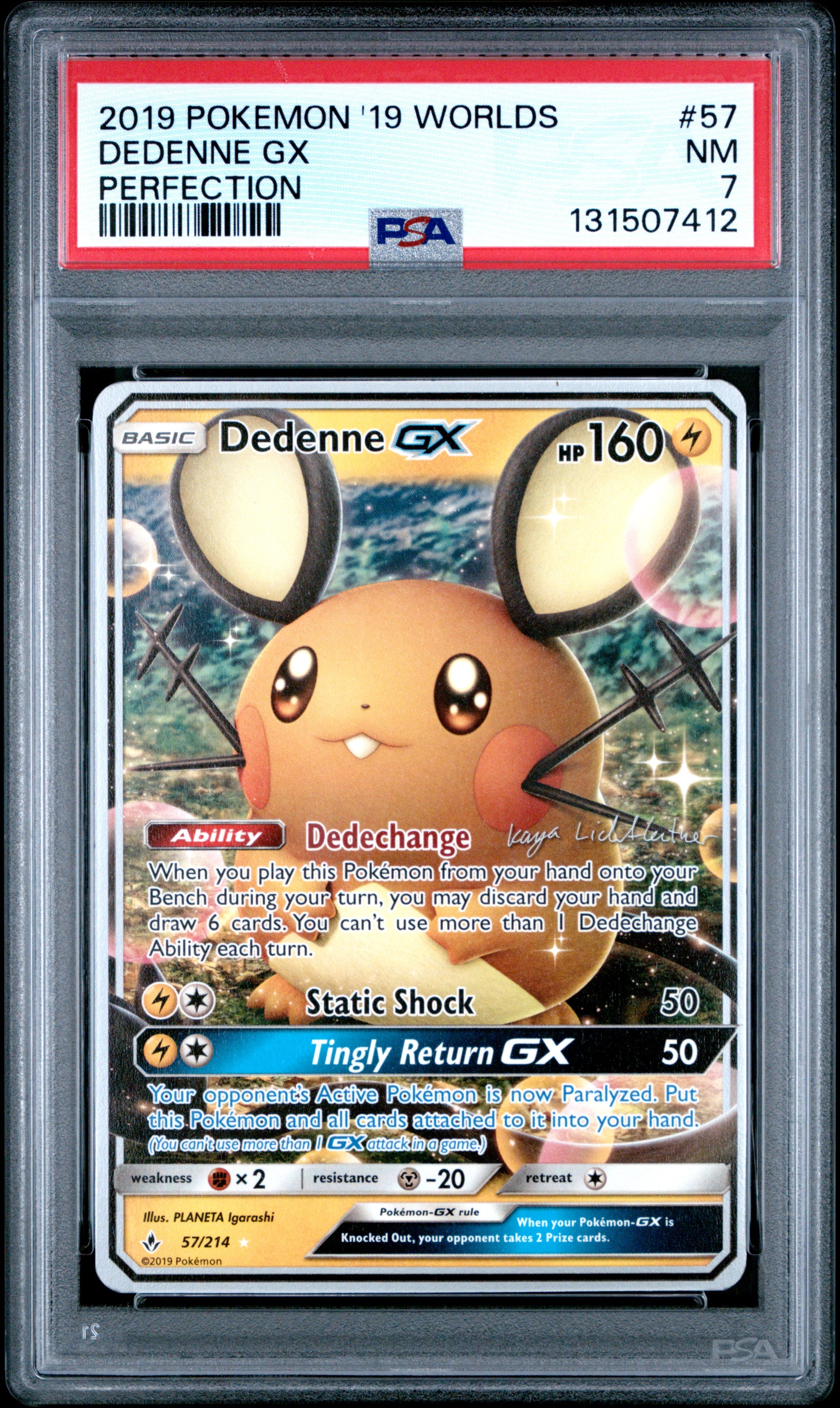 Pokemon 2019 World Championships Deck: Perfection 57 Dedenne Gx PSA 7 NM Cert #131507412