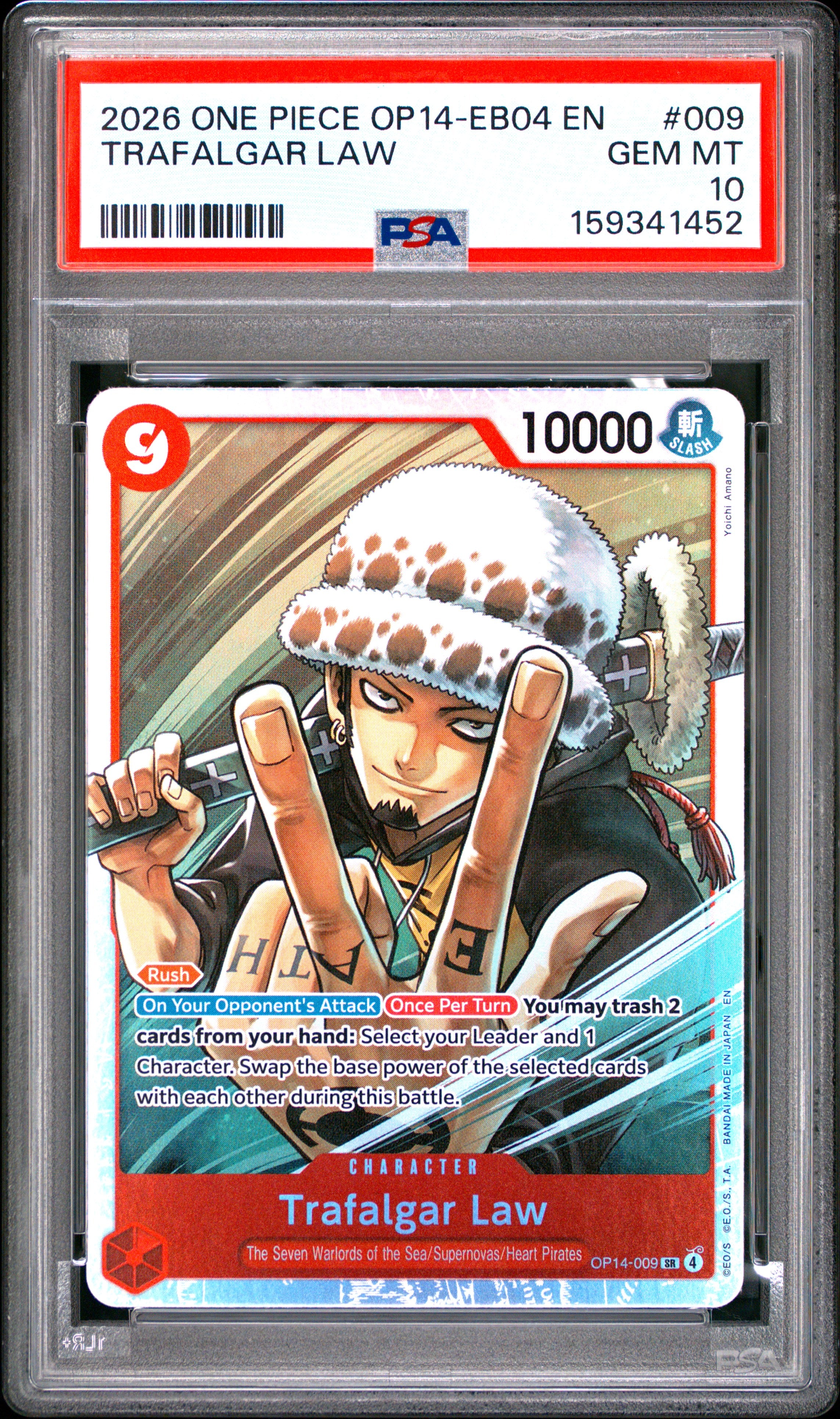 One Piece Op14 Eb04 The Azure Sea's Seven 009 Trafalgar Law PSA 10 GEM MINT Cert #159341452