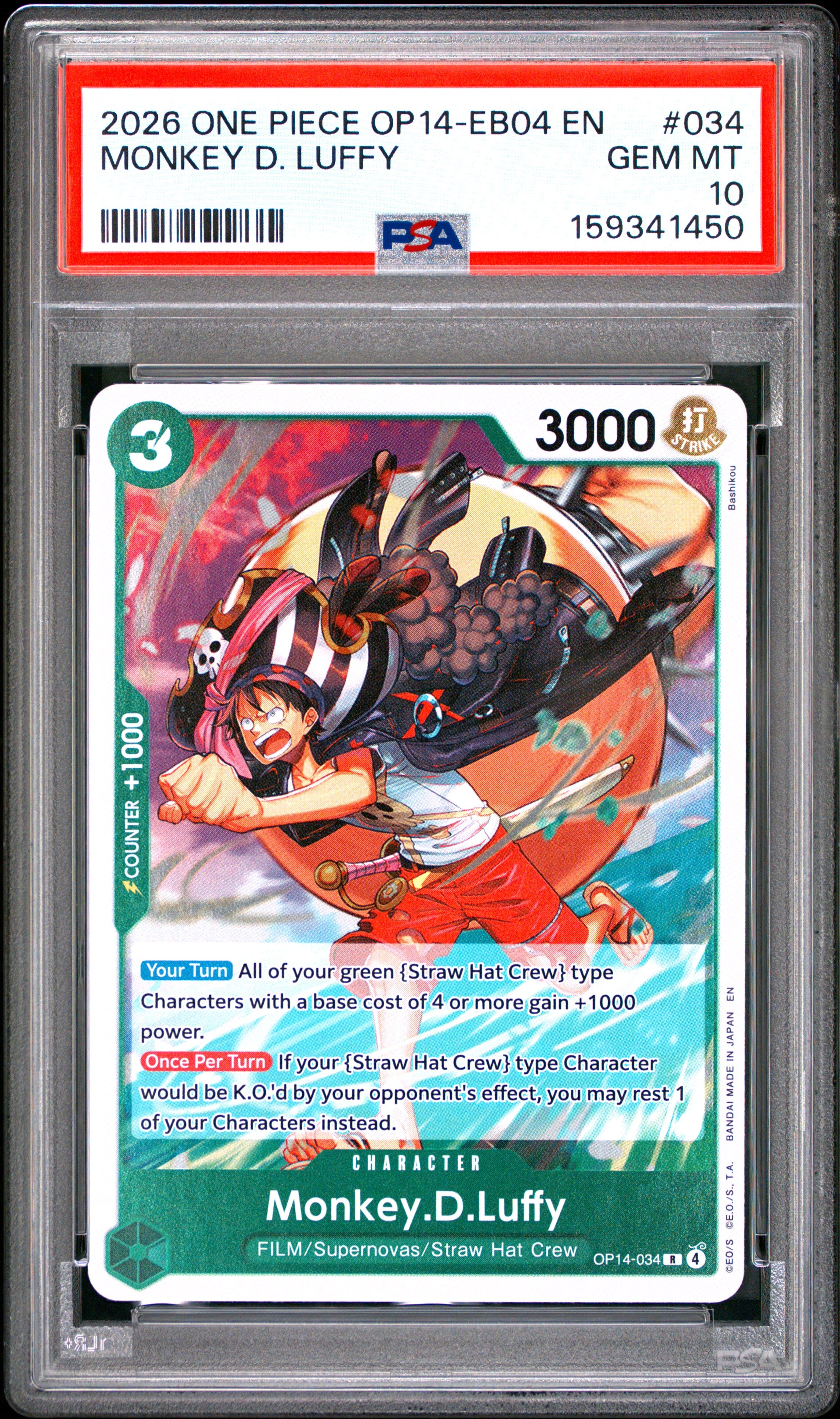One Piece Op14 Eb04 The Azure Sea's Seven 034 Monkey D. Luffy PSA 10 GEM MINT Cert #159341450
