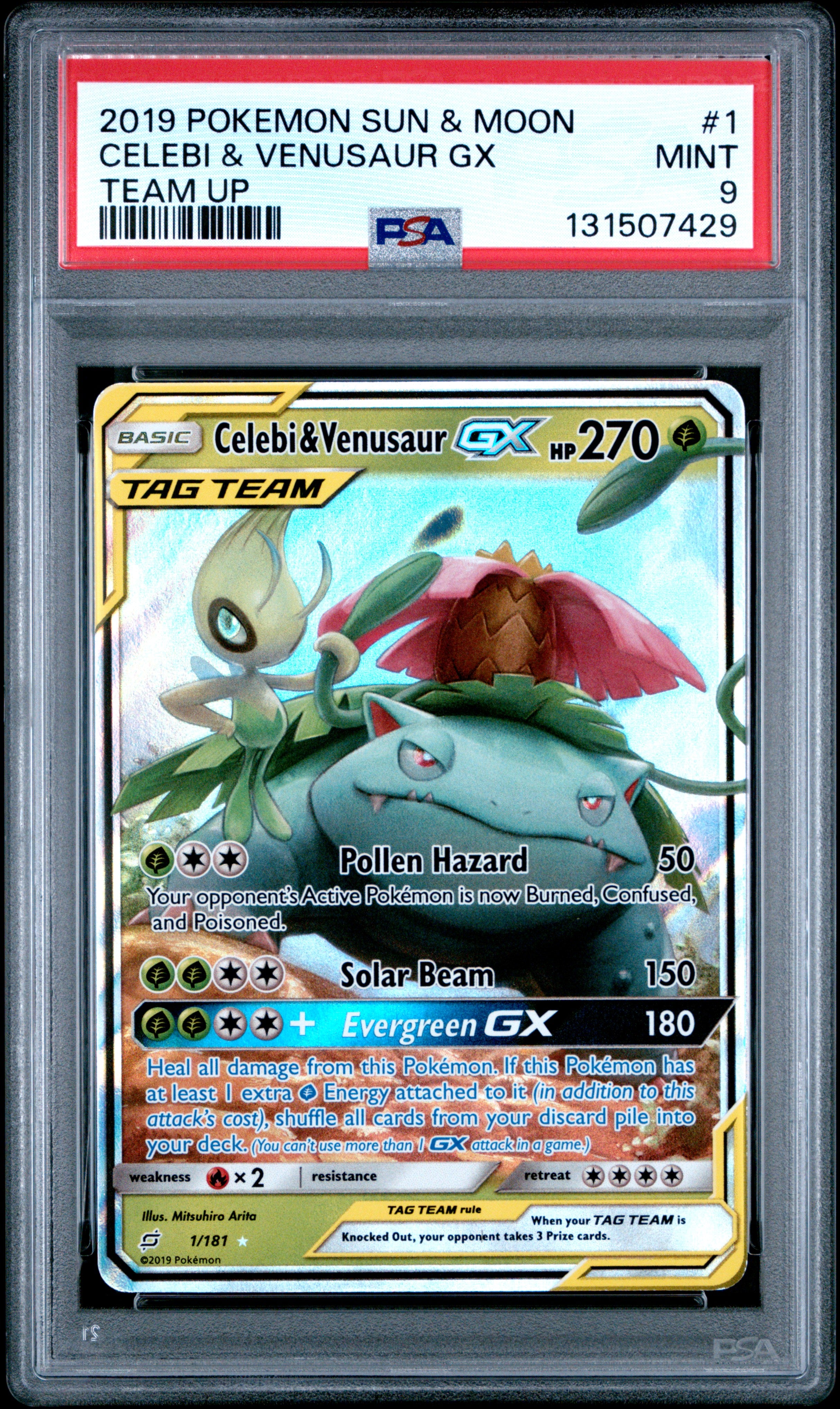Pokemon Sun & Moon Team Up 1 Celebi & Venusaur Gx PSA 9 MINT Cert #131507429