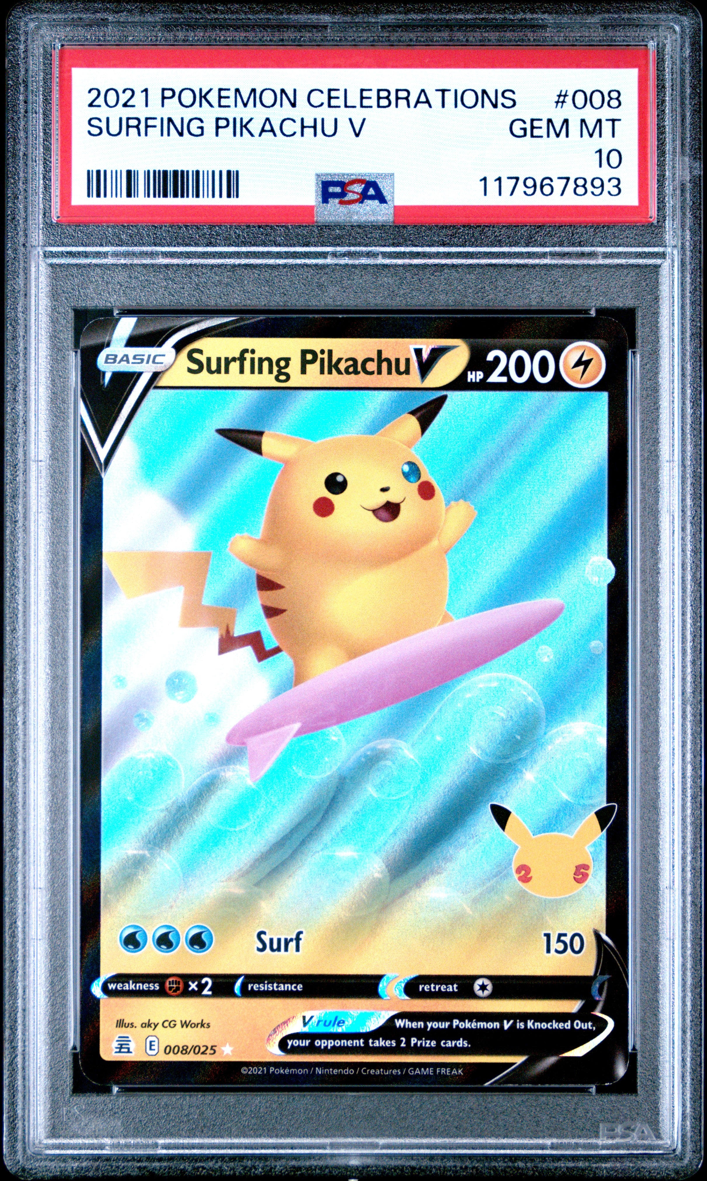 Pokemon Celebrations 008 Surfing Pikachu V PSA 10 GEM MINT Cert #117967893