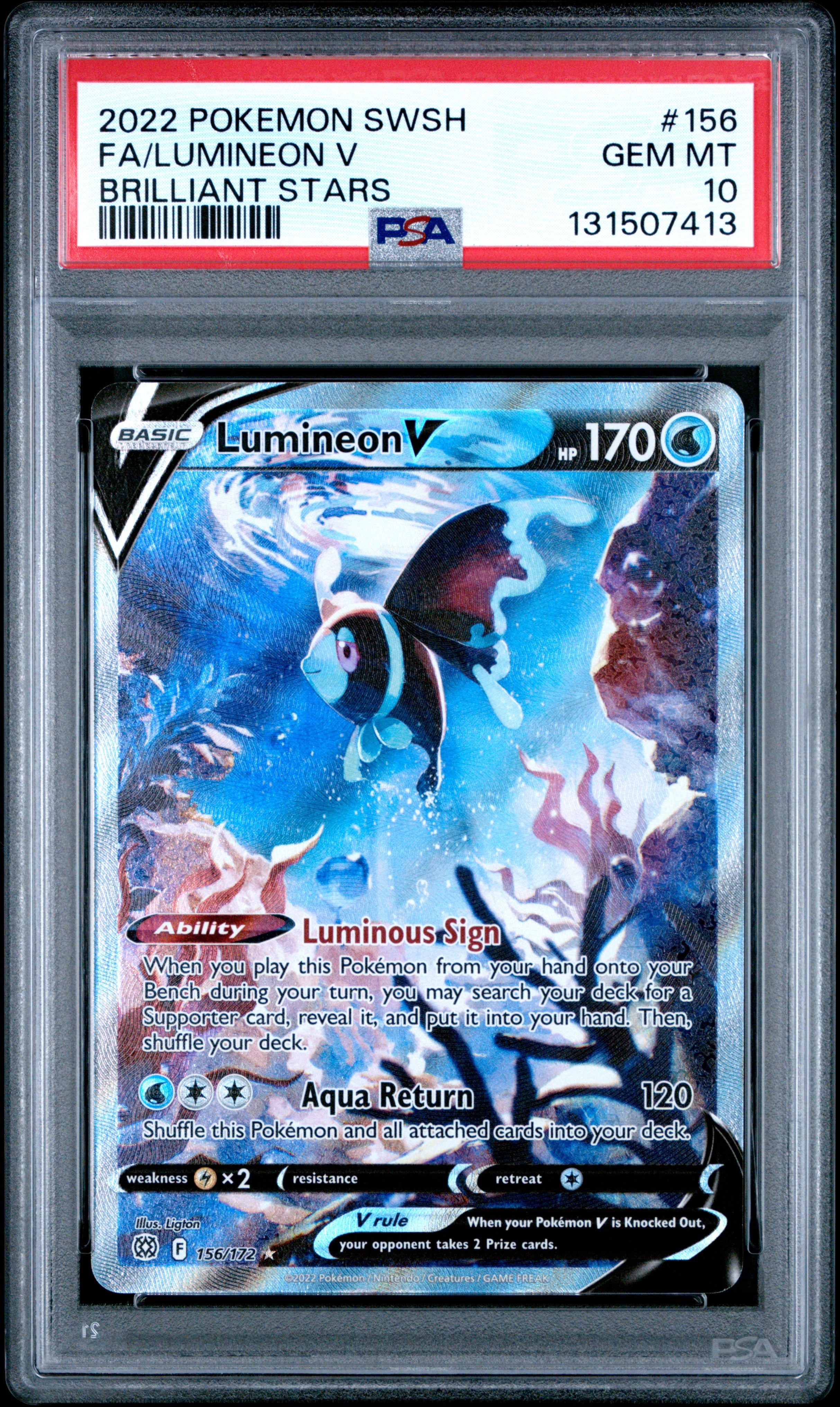 Pokemon Sword & Shield Brilliant Stars 156 Full Art/Lumineon V PSA 10 GEM MINT Cert #131507413