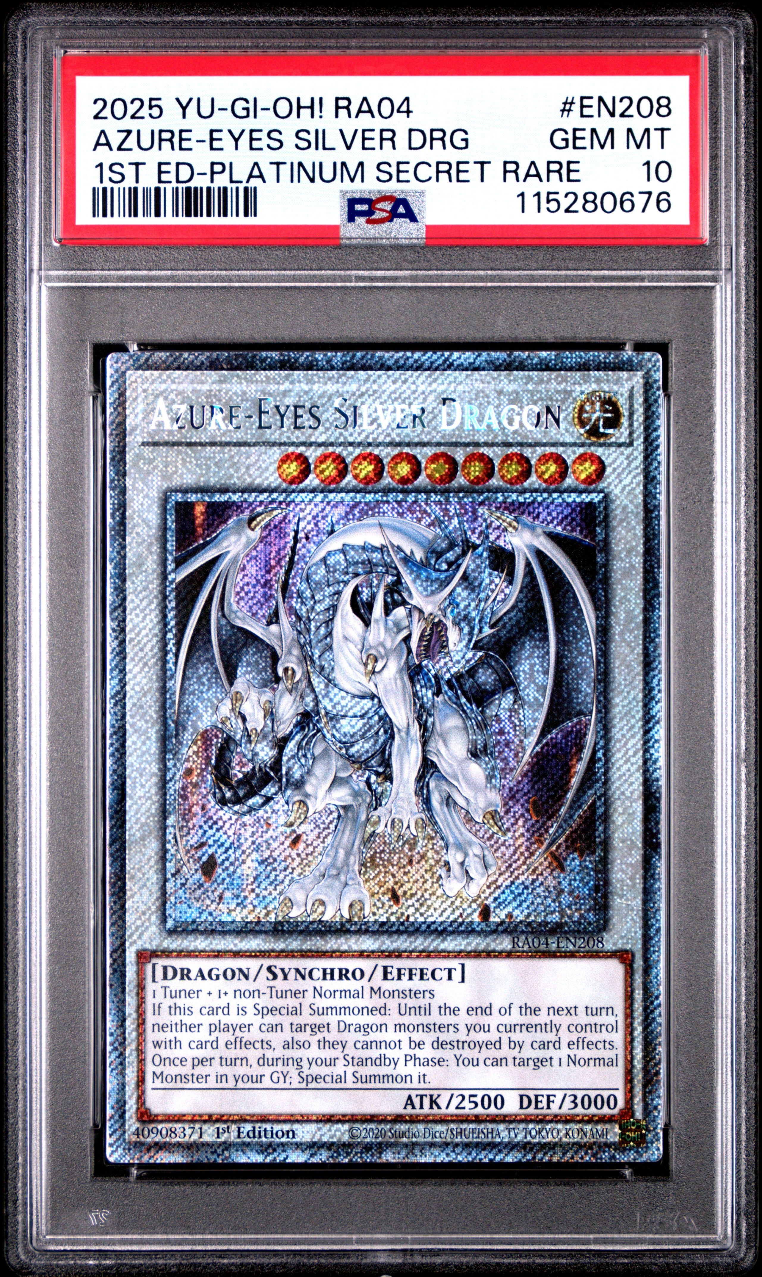 Yu Gi Oh! Ra04 Quarter Century Stampede En208 Azure Eyes Silver Dragon 1St Edition Platinum Secret Rare PSA 10 GEM MINT Cert #115280676