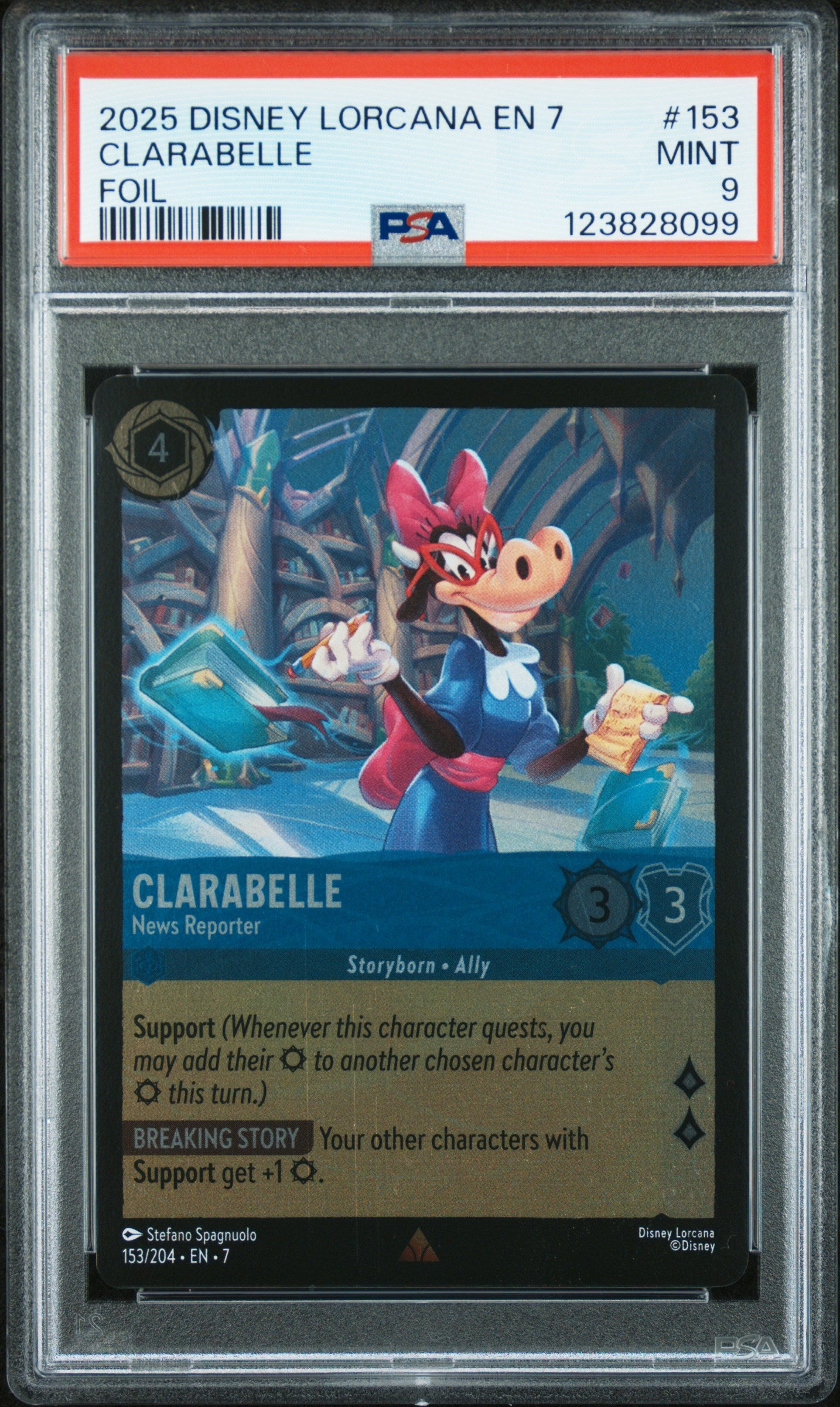 Disney Lorcana En 7 Archazia's Island 153 Clarabelle News Reporter Foil PSA 9 MINT Cert #123828099 Boxed Vinyl - Premium Collectibles Store Disney Lorcana En 7 Archazia's Island 153 Clarabelle News Reporter Foil PSA 9 MINT Cert #123828099 Boxed Vinyl - Premium Collectibles Store