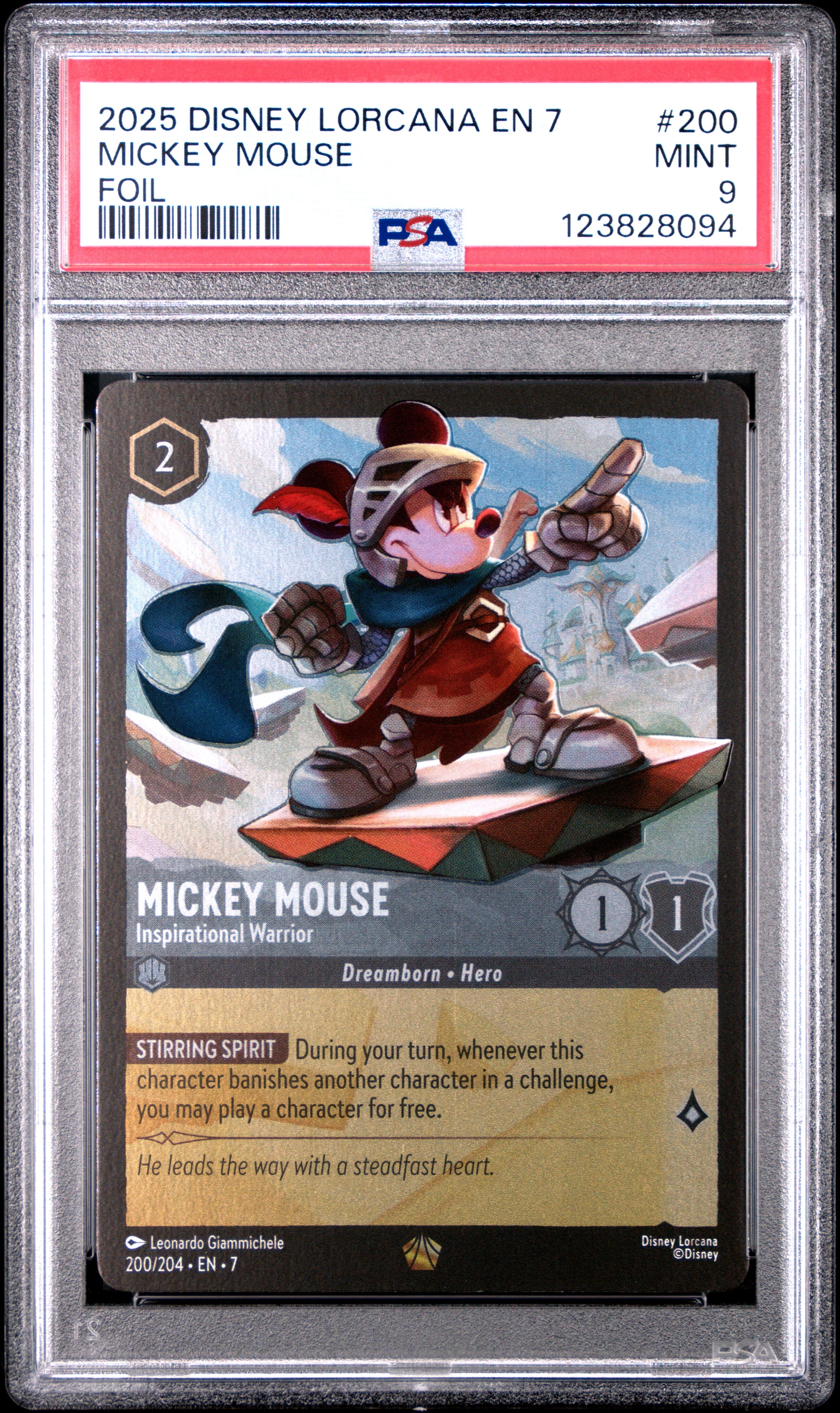 Disney Lorcana En 7 Archazia's Island 200 Mickey Mouse Inspirational Warrior Foil PSA 9 MINT Disney Lorcana En 7 Archazia's Island 200 Mickey Mouse Inspirational Warrior Foil PSA 9 MINT