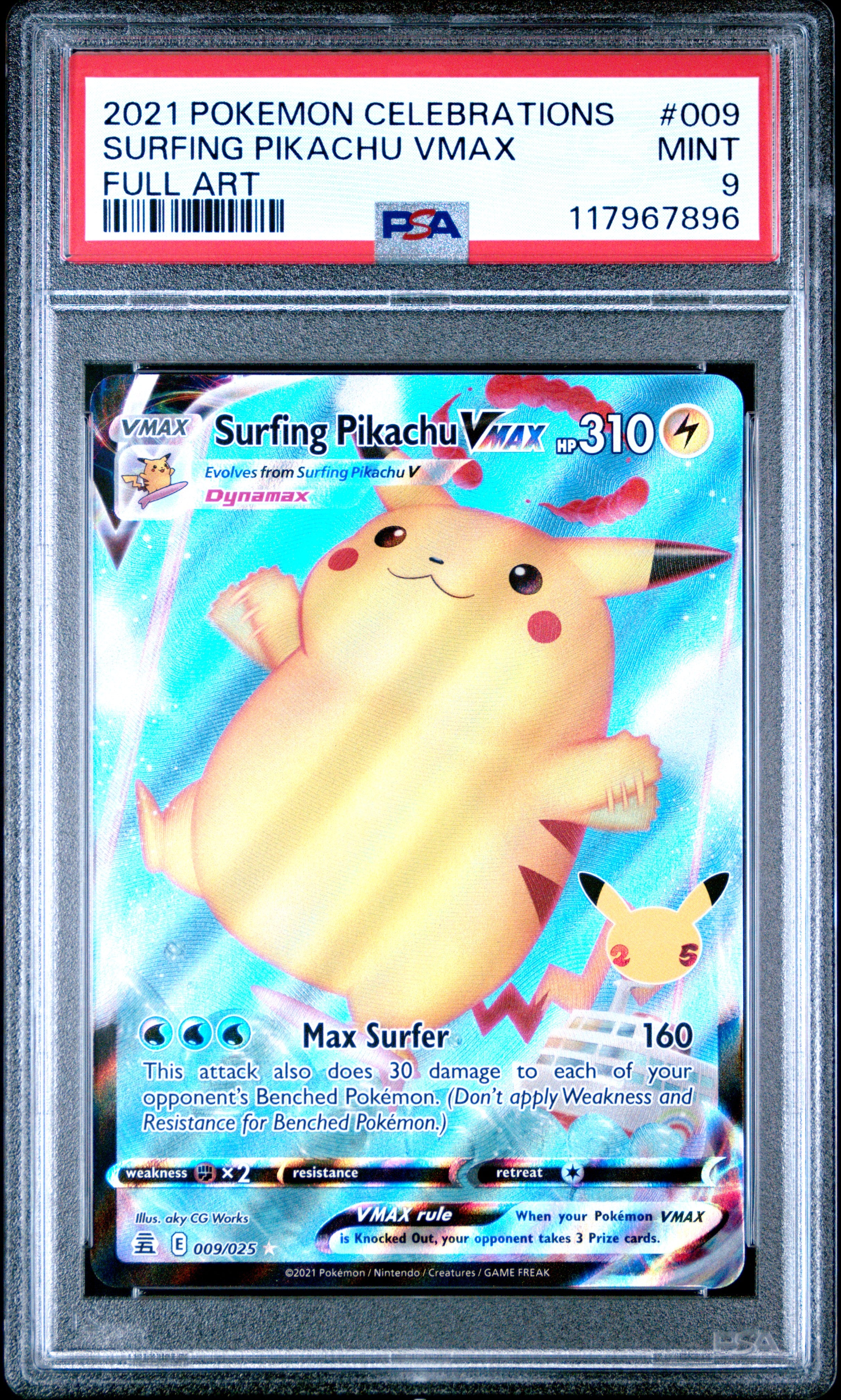 Pokemon Celebrations 009 Full Art/Surfing Pikachu Vmax PSA 9 MINT Cert #117967896