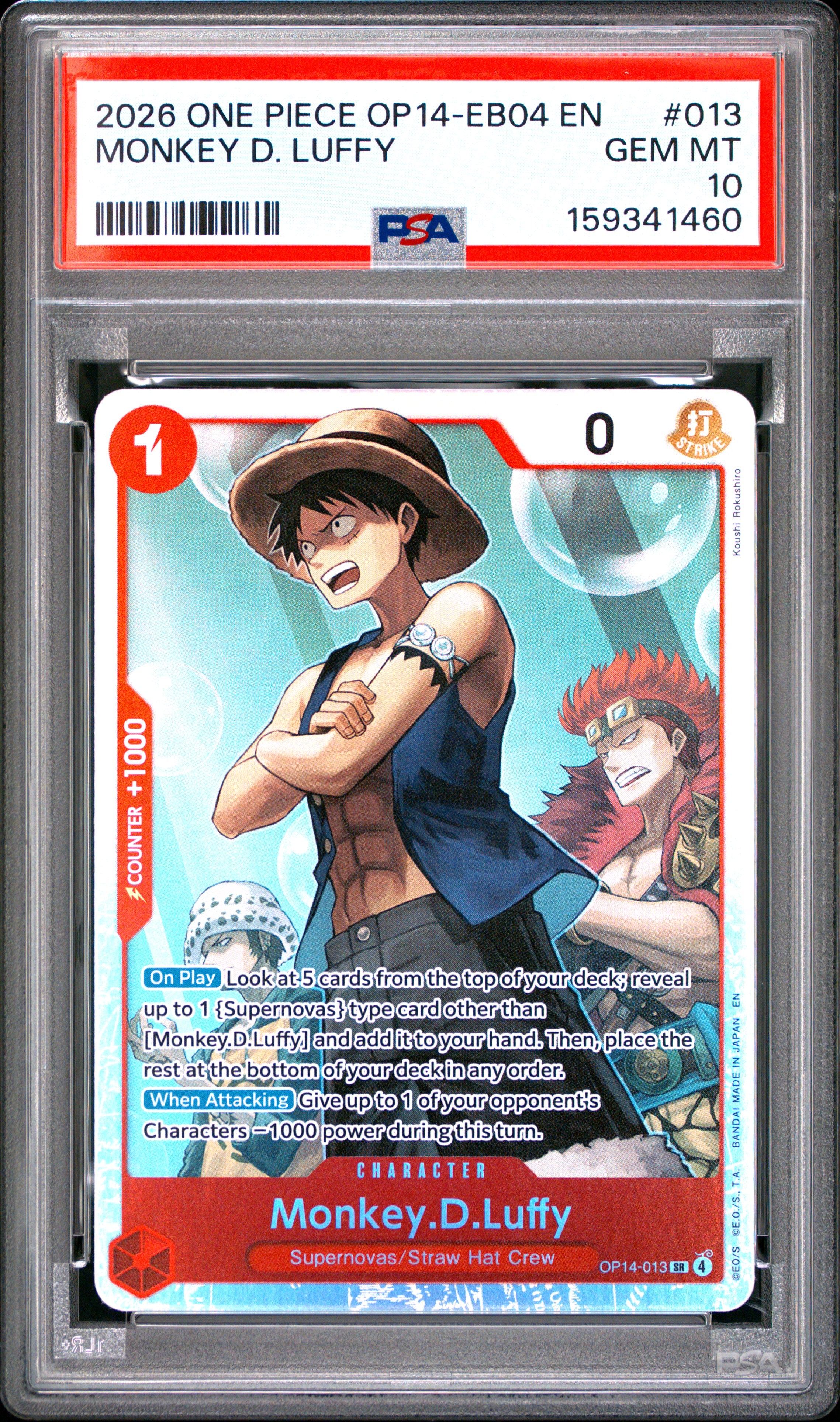 One Piece Op14 Eb04 The Azure Sea's Seven 013 Monkey D. Luffy PSA 10 GEM MINT Cert #159341460