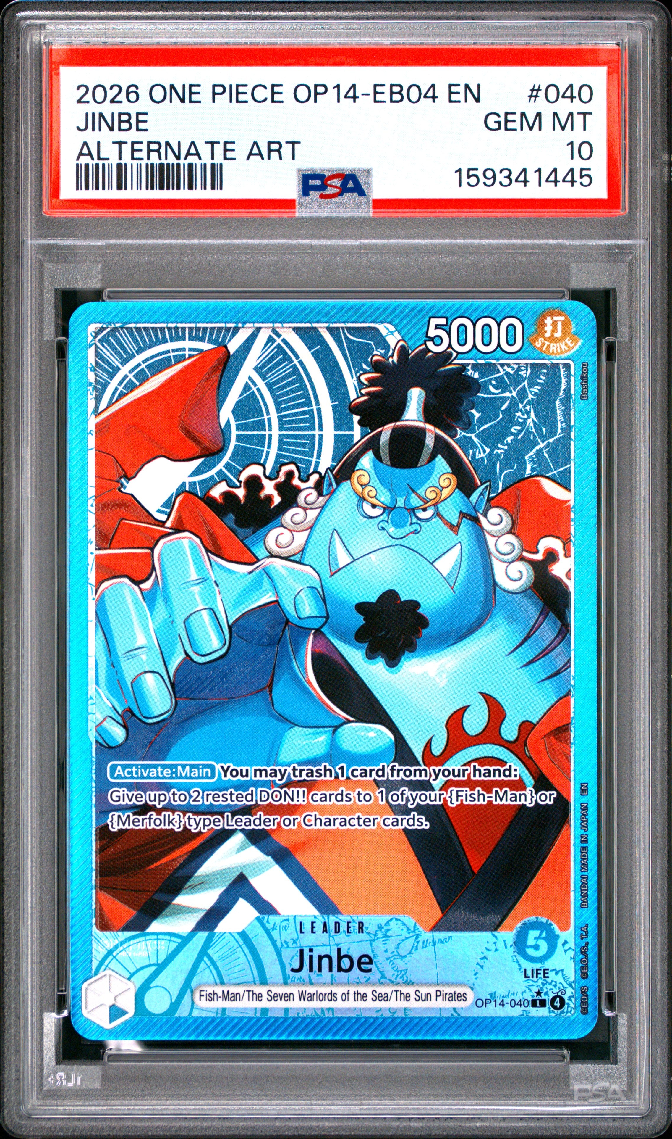 One Piece Op14 Eb04 The Azure Sea's Seven 040 Jinbe Alternate Art PSA 10 GEM MINT Cert #159341445