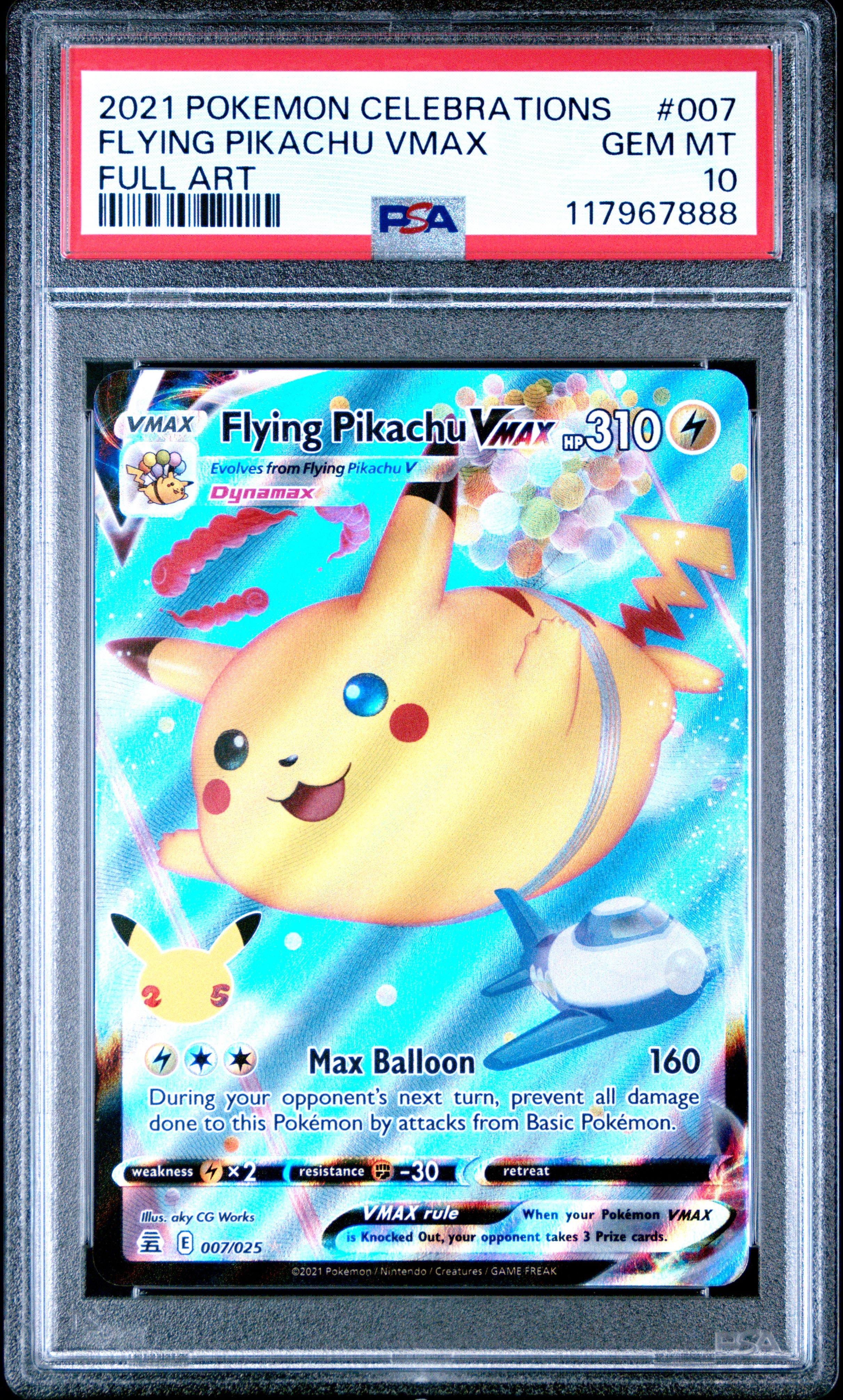 Pokemon Celebrations 007 Full Art/Flying Pikachu Vmax PSA 10 GEM MINT Cert #117967888
