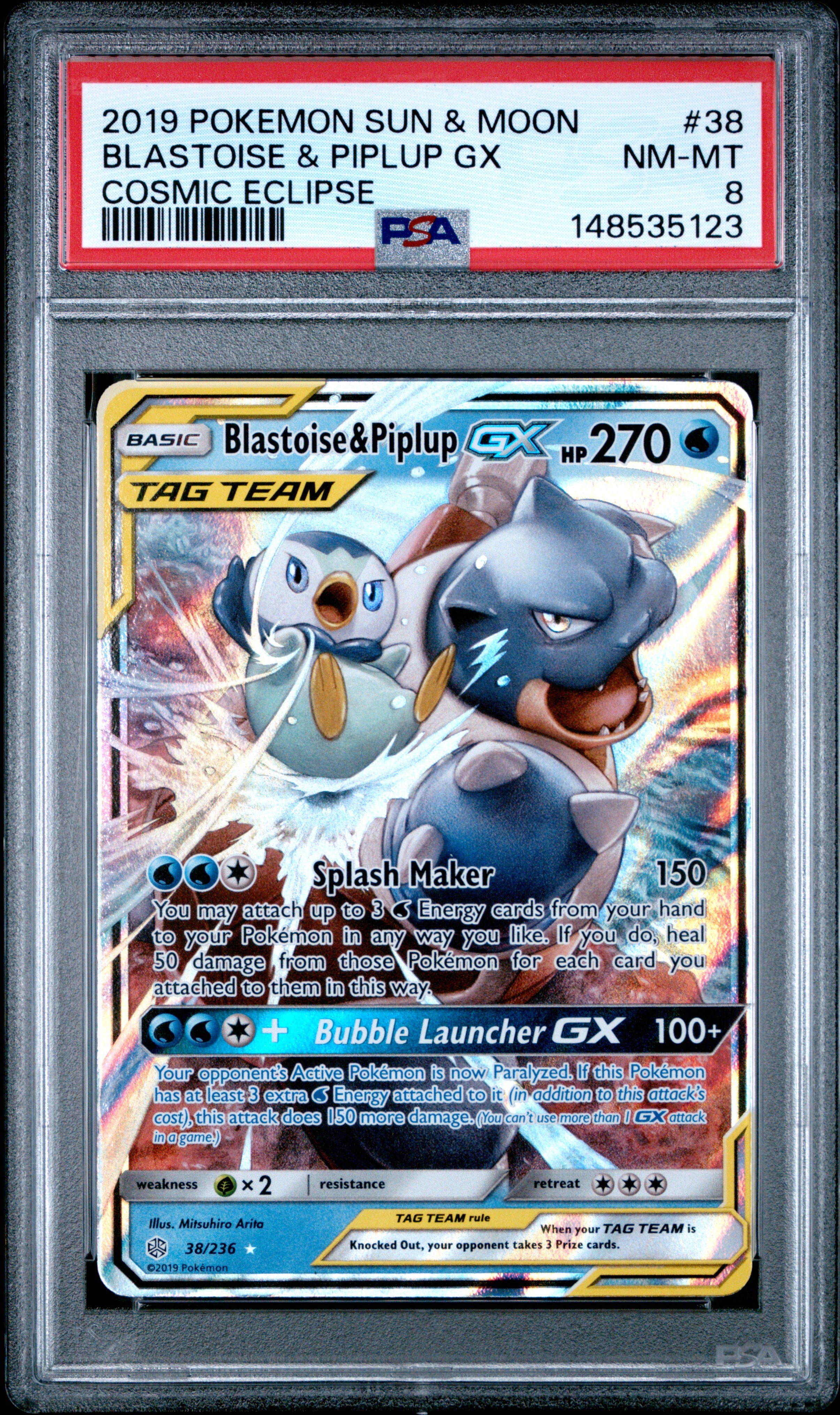 Pokemon Sun & Moon Cosmic Eclipse 38 Blastoise & Piplup Gx PSA 8 NM-MT Cert #148535123