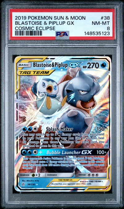 Pokemon Sun & Moon Cosmic Eclipse 38 Blastoise & Piplup Gx PSA 8 NM-MT Cert #148535123