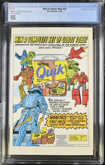 Marvel Comics: Web of Spider-Man 10 1/86 CGC 9.0 Cert #4525723008