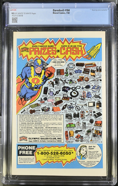 Marvel Comics: Daredevil 184 7/82 CGC 8.5 Cert #4525723018
