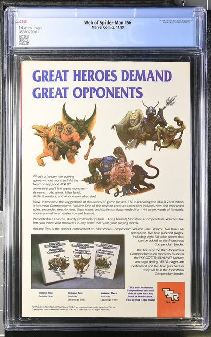 Marvel Comics: Web of Spider-Man 56 11/89 CGC 9.0 Cert #4538320001