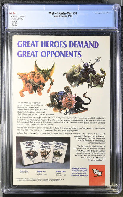 Marvel Comics: Web of Spider-Man 58 12/89 CGC 9.0 Cert #4538320025