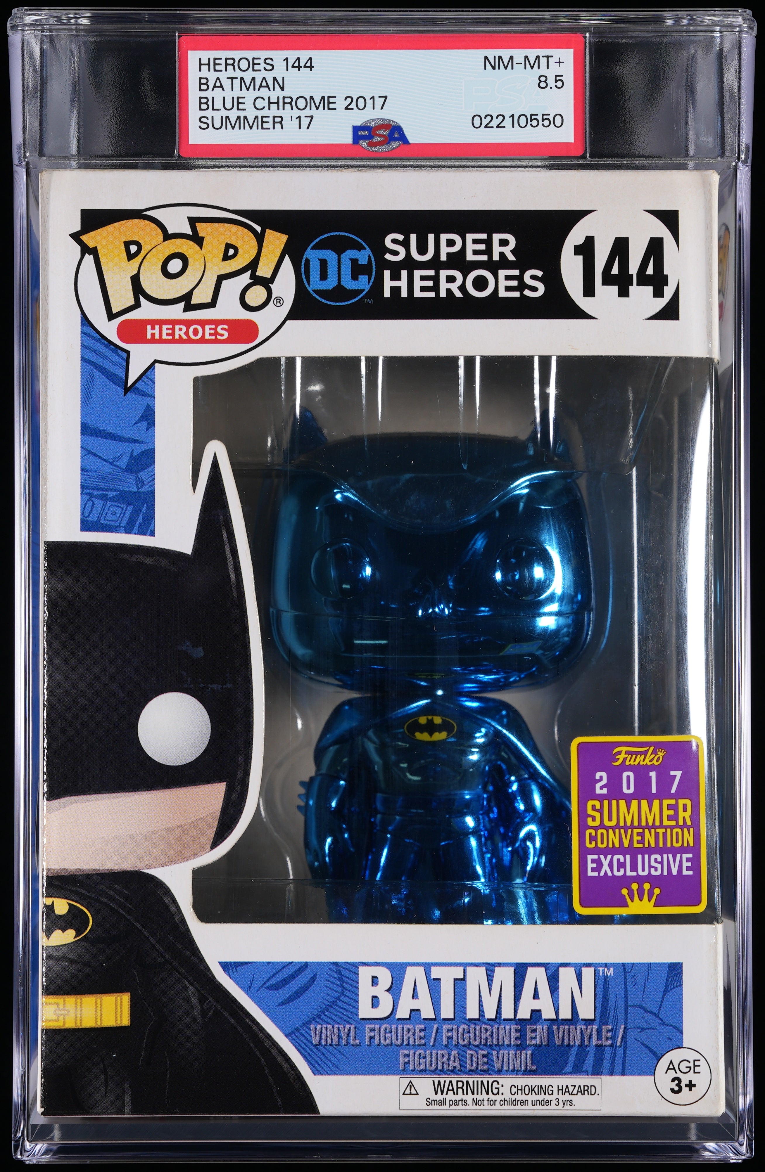 Funko Pop! PSA Graded DC Super Heroes: Batman (Blue Chrome 2017 Summer Convention) PSA Graded 8.5 NM-MT+ Vinyl Figure #144 Cert #02210550