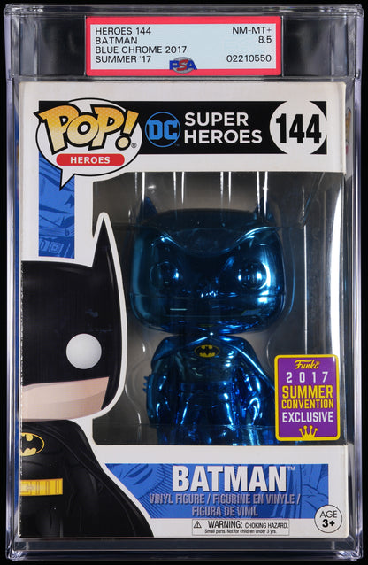 Funko Pop! PSA Graded DC Super Heroes: Batman (Blue Chrome 2017 Summer Convention) PSA Graded 8.5 NM-MT+ Vinyl Figure #144 Cert #02210550