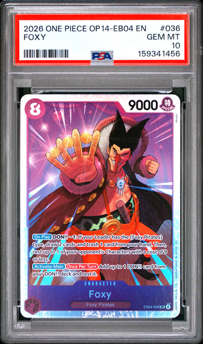 One Piece Op14 Eb04 The Azure Sea's Seven 036 Foxy PSA 10 GEM MINT Cert #159341456
