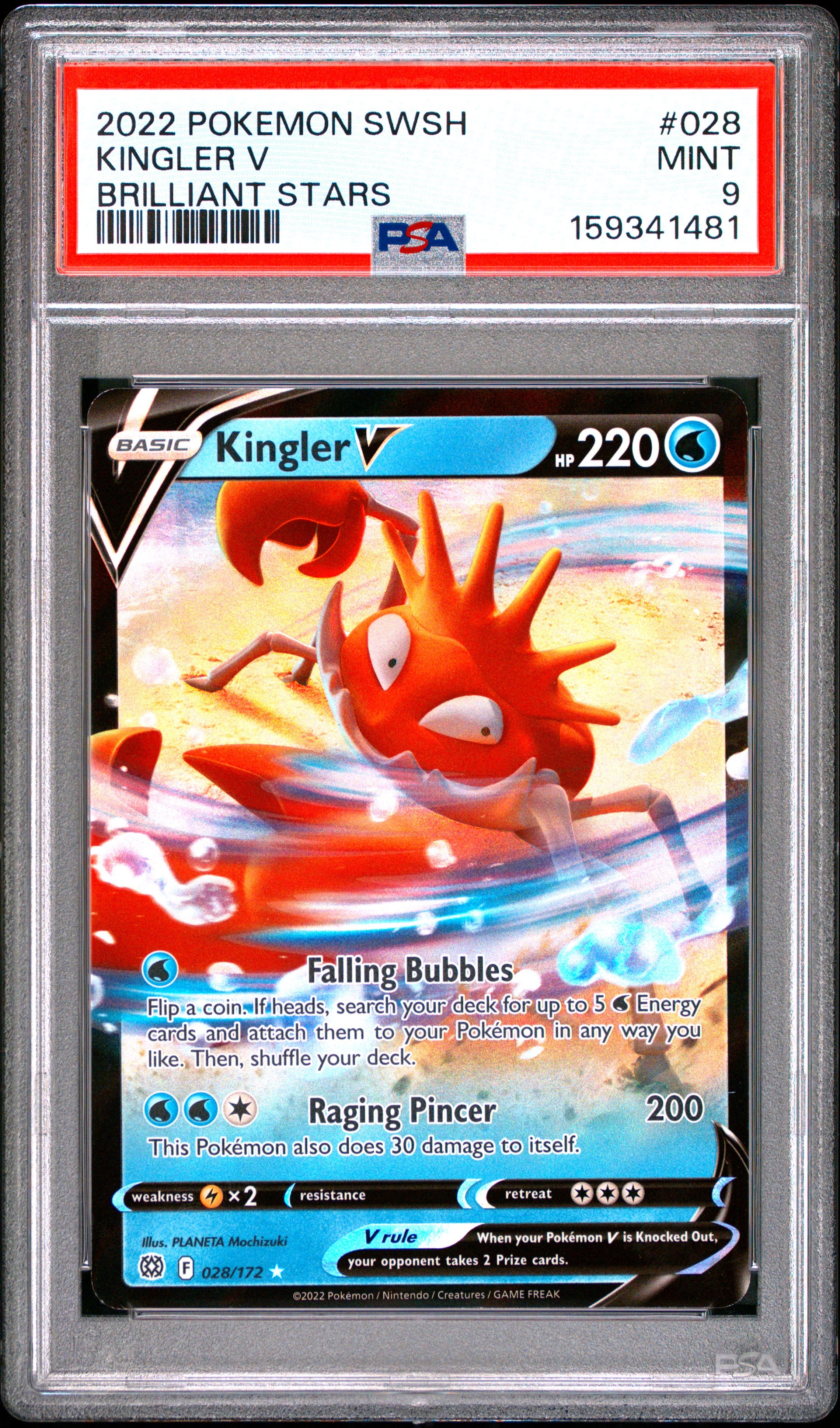 Pokemon Sword & Shield Brilliant Stars 028 Kingler V PSA 9 MINT Cert #159341481