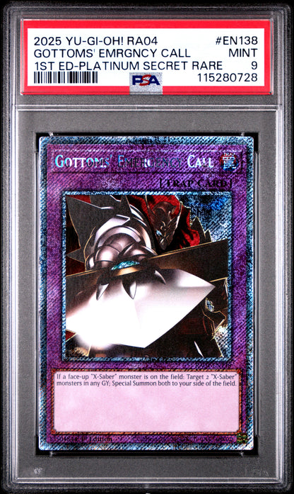 Yu Gi Oh! Ra04 Quarter Century Stampede En138 Gottoms' Emergency Call 1St Edition Platinum Secret Rare PSA 9 MINT Cert #115280728