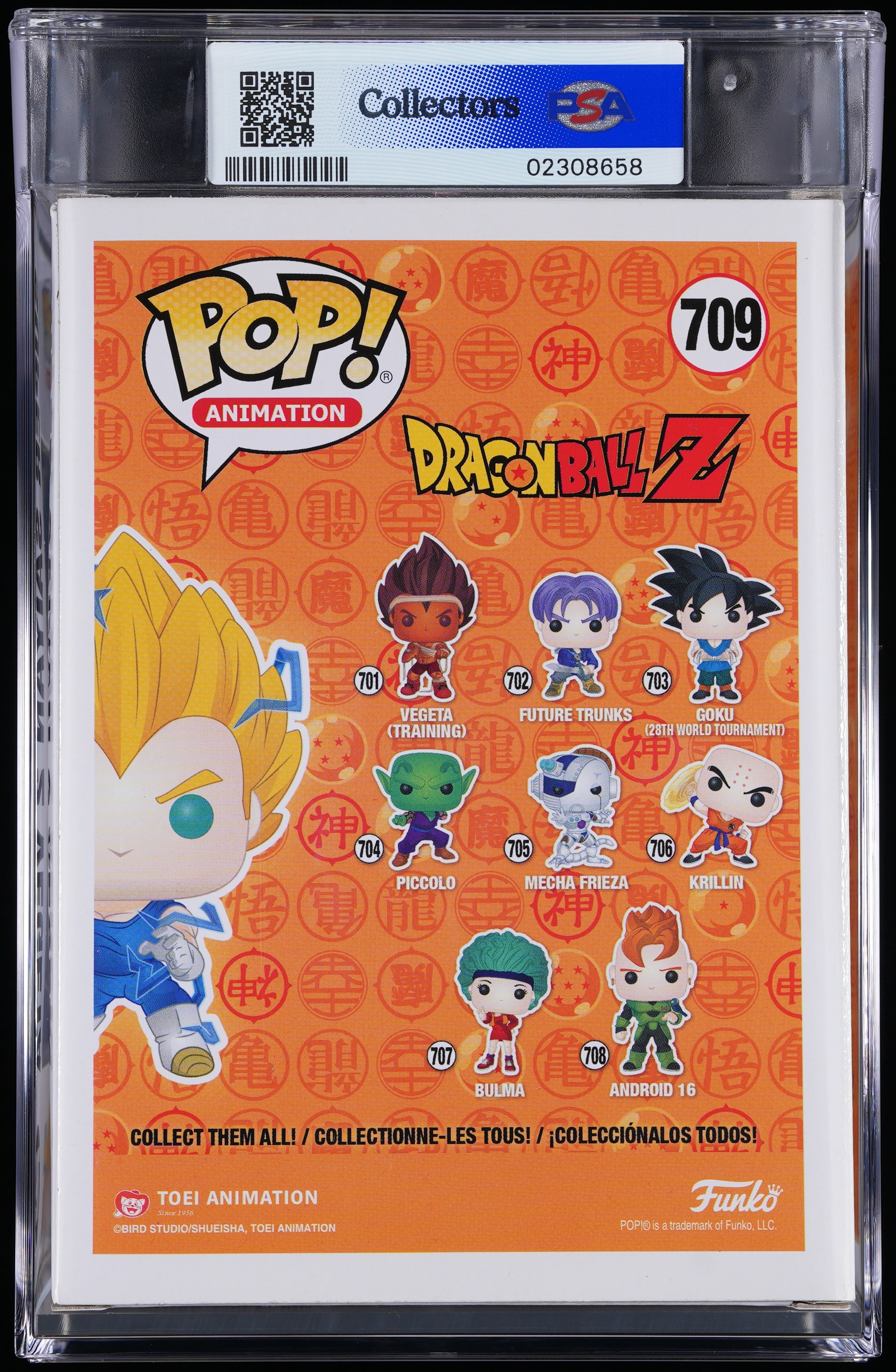 Funko Pop! PSA Graded Dragon Ball Z: Super Saiyan 2 Vegeta (GITD PX Chase) PSA Graded 8.5 NM-MT+ Vinyl Figure #709 Cert #02308658