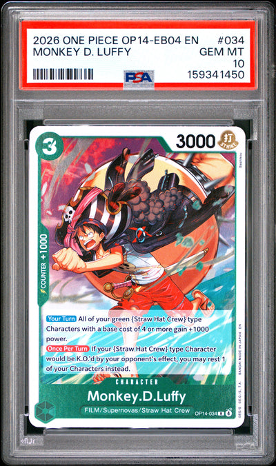 One Piece Op14 Eb04 The Azure Sea's Seven 034 Monkey D. Luffy PSA 10 GEM MINT Cert #159341450