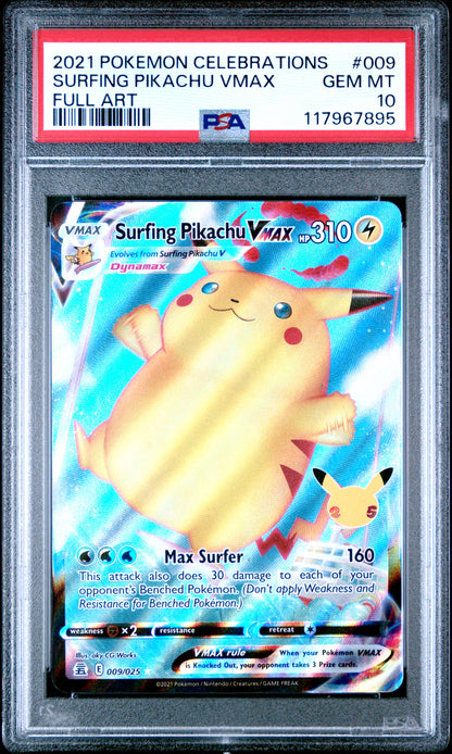 Pokemon Celebrations 009 Full Art/Surfing Pikachu Vmax PSA 10 GEM MINT Cert #117967895