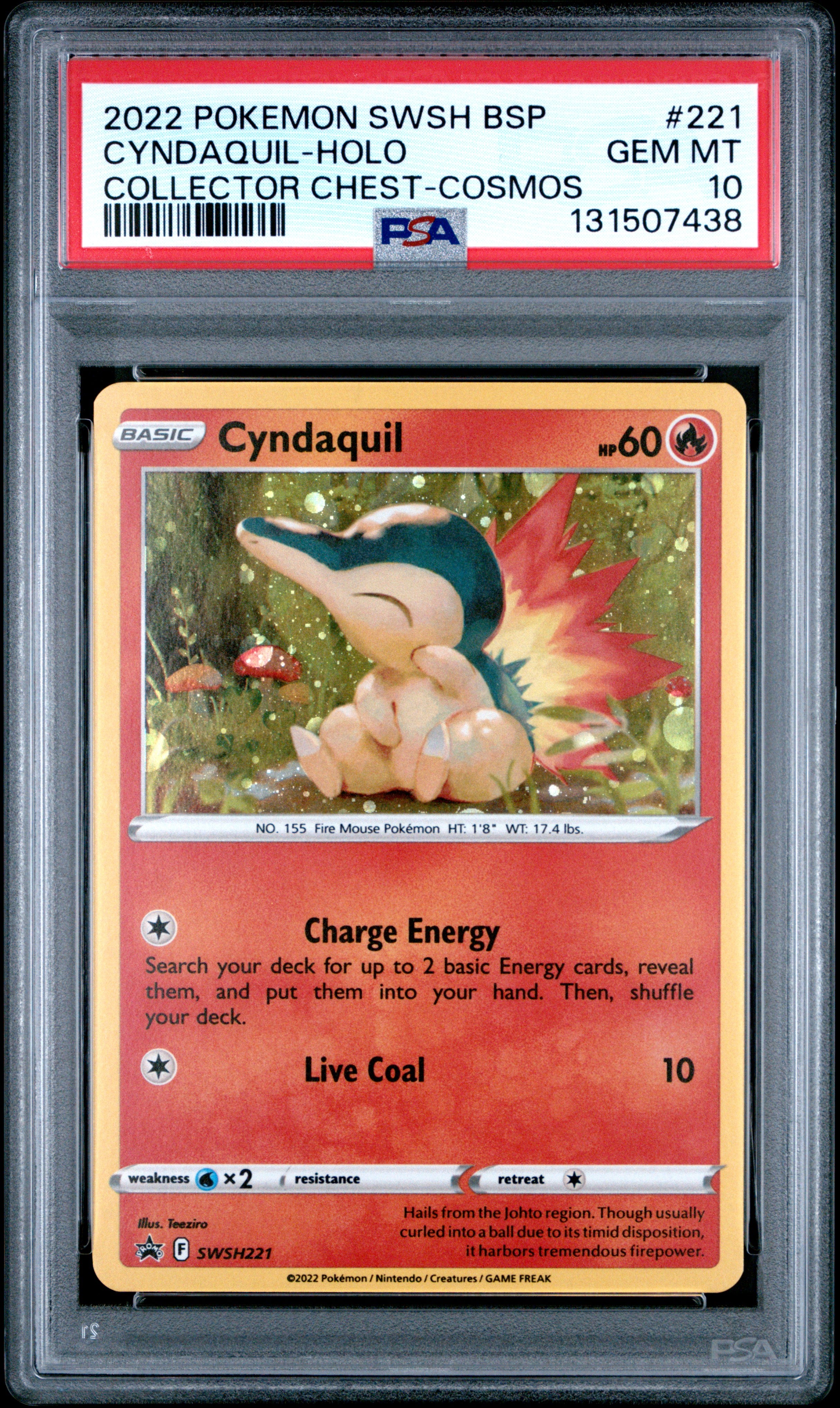 Pokemon Swsh Black Star Promo 221 Cyndaquil Holo Collector Chest Cosmos PSA 10 GEM MINT Cert #131507438