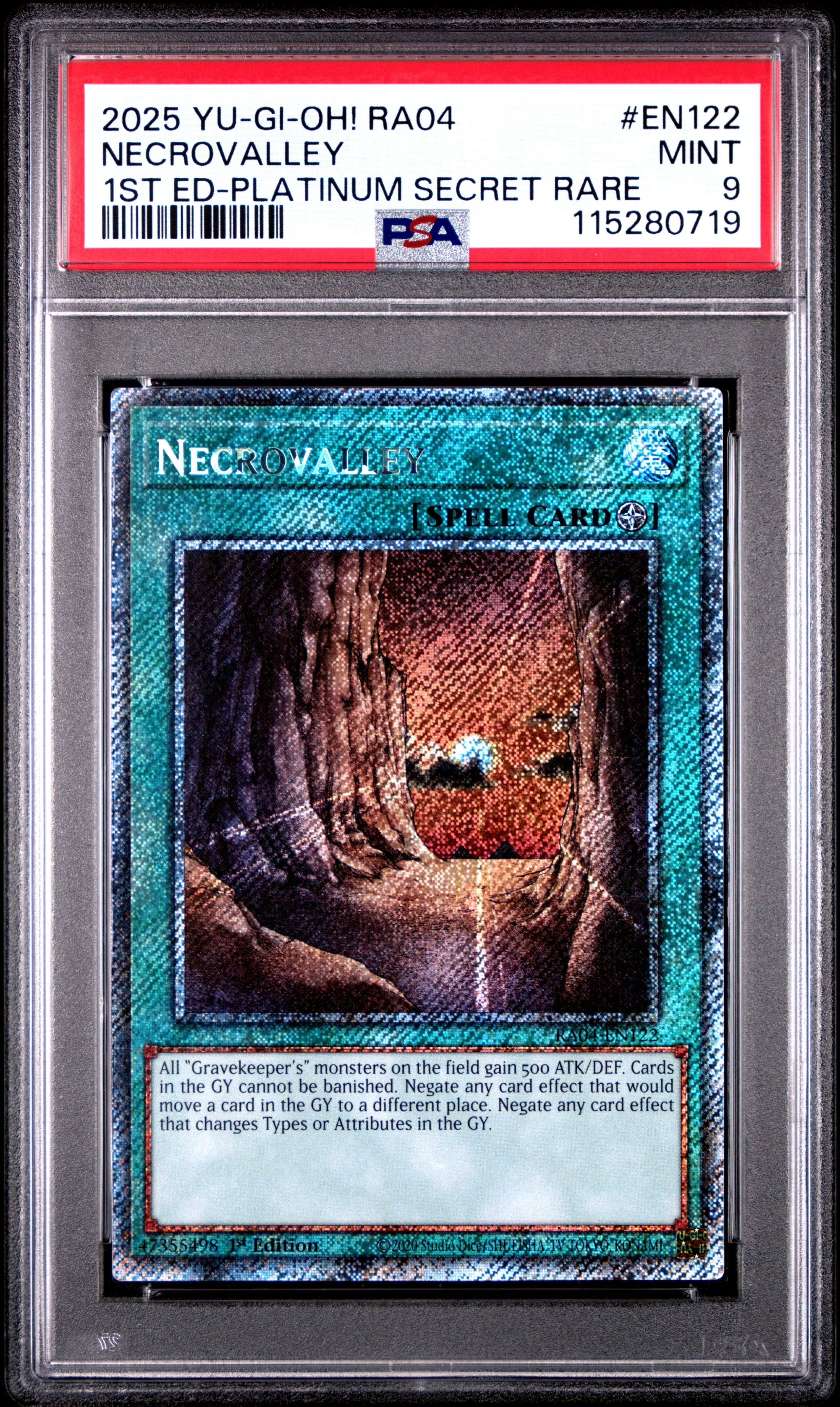 Yu Gi Oh! Ra04 Quarter Century Stampede En122 Necrovalley 1St Edition Platinum Secret Rare PSA 9 MINT Cert #115280719