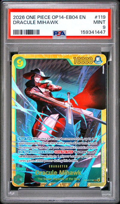 One Piece Op14 Eb04 The Azure Sea's Seven 119 Dracule Mihawk PSA 9 MINT Cert #159341447