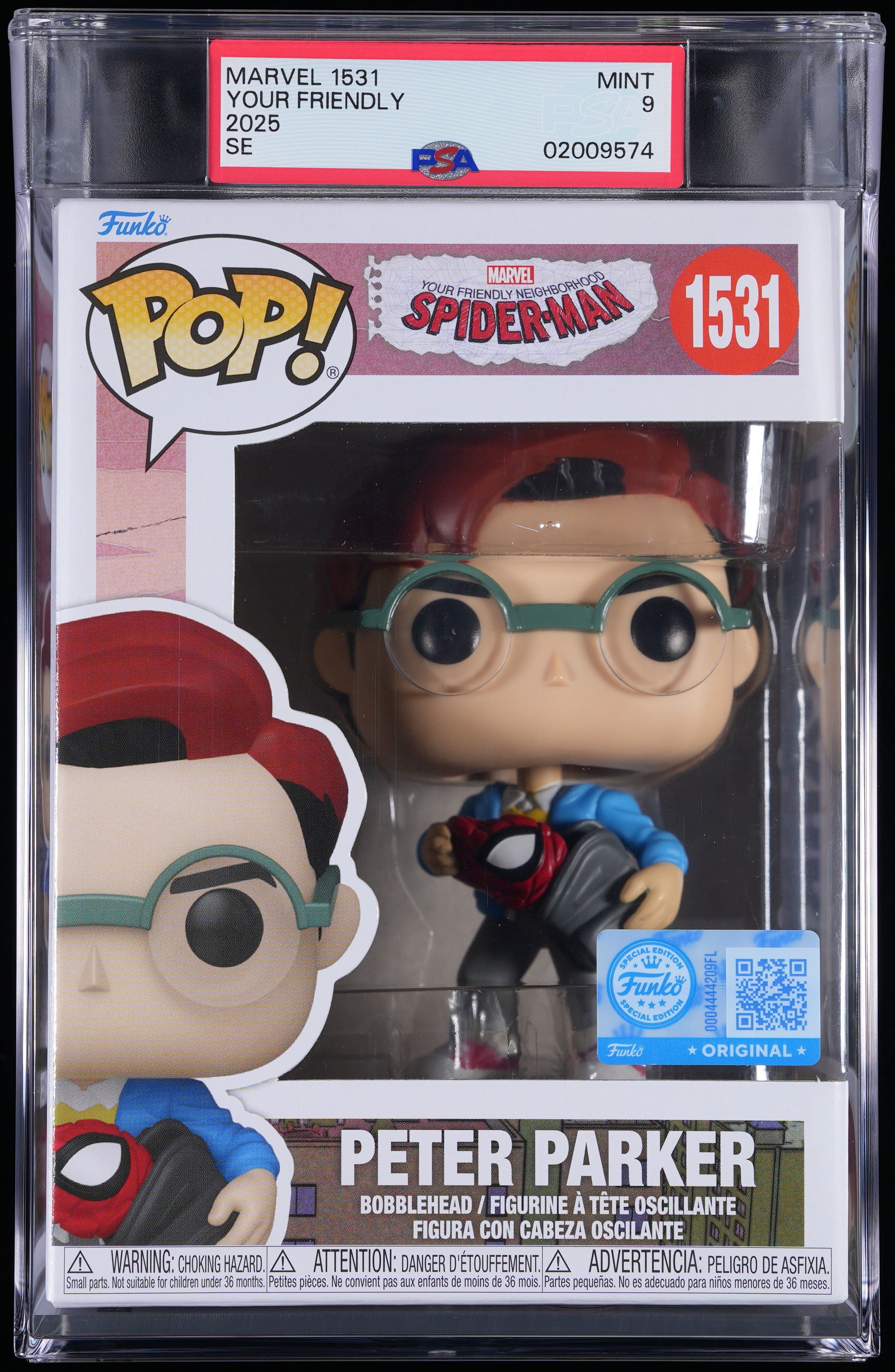 Funko Pop! PSA Graded Your Friendly Neighborhood Spider-Man: Peter Parker (EE) PSA Graded 9 MINT Vinyl Figure #1531 Cert #02009574