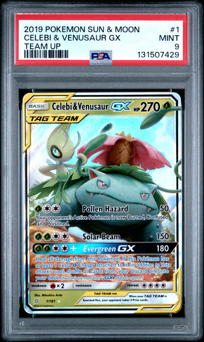 Pokemon Sun & Moon Team Up 1 Celebi & Venusaur Gx PSA 9 MINT Cert #131507429