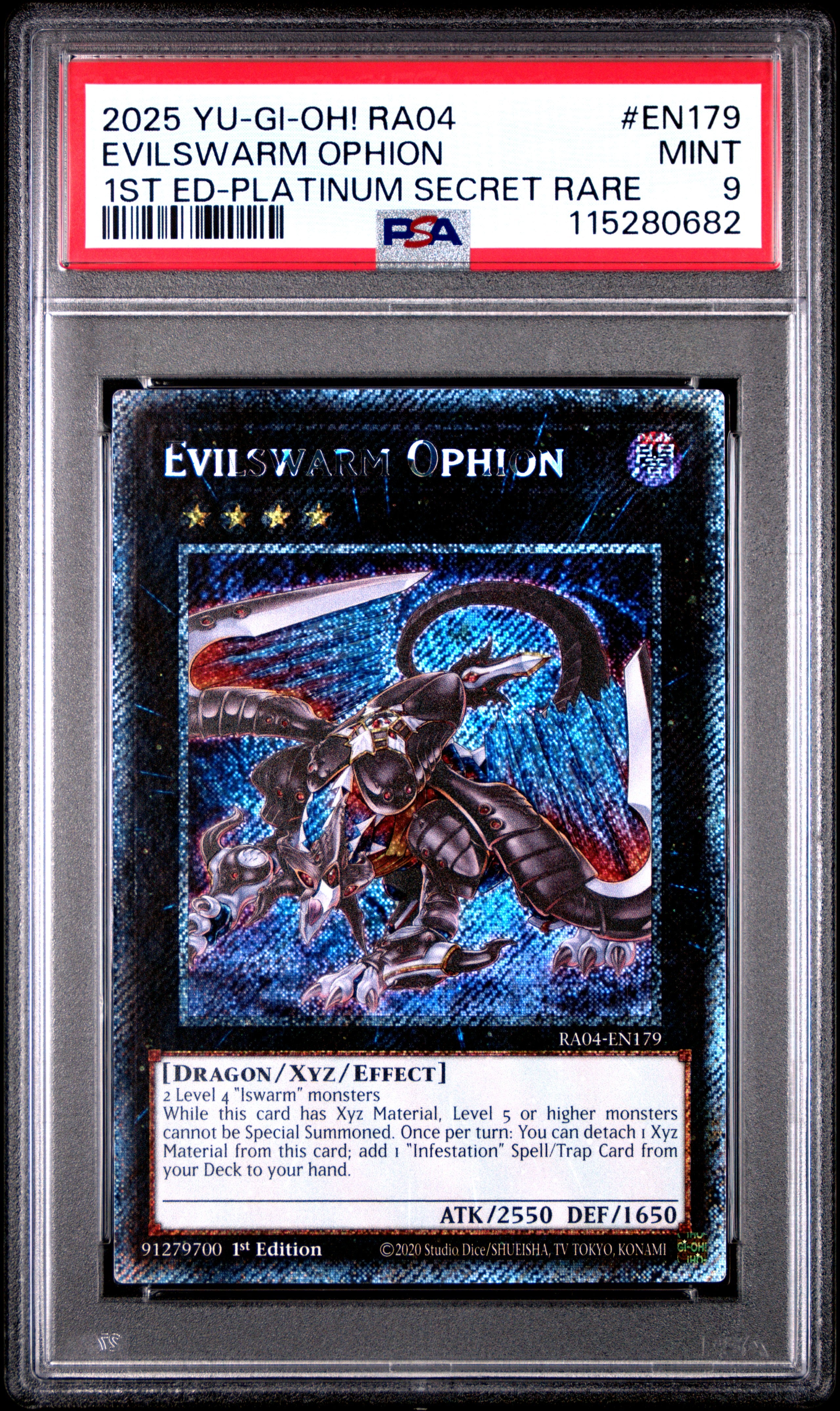 Yu Gi Oh! Ra04 Quarter Century Stampede En179 Evilswarm Ophion 1St Edition Platinum Secret Rare PSA 9 MINT Cert #115280682
