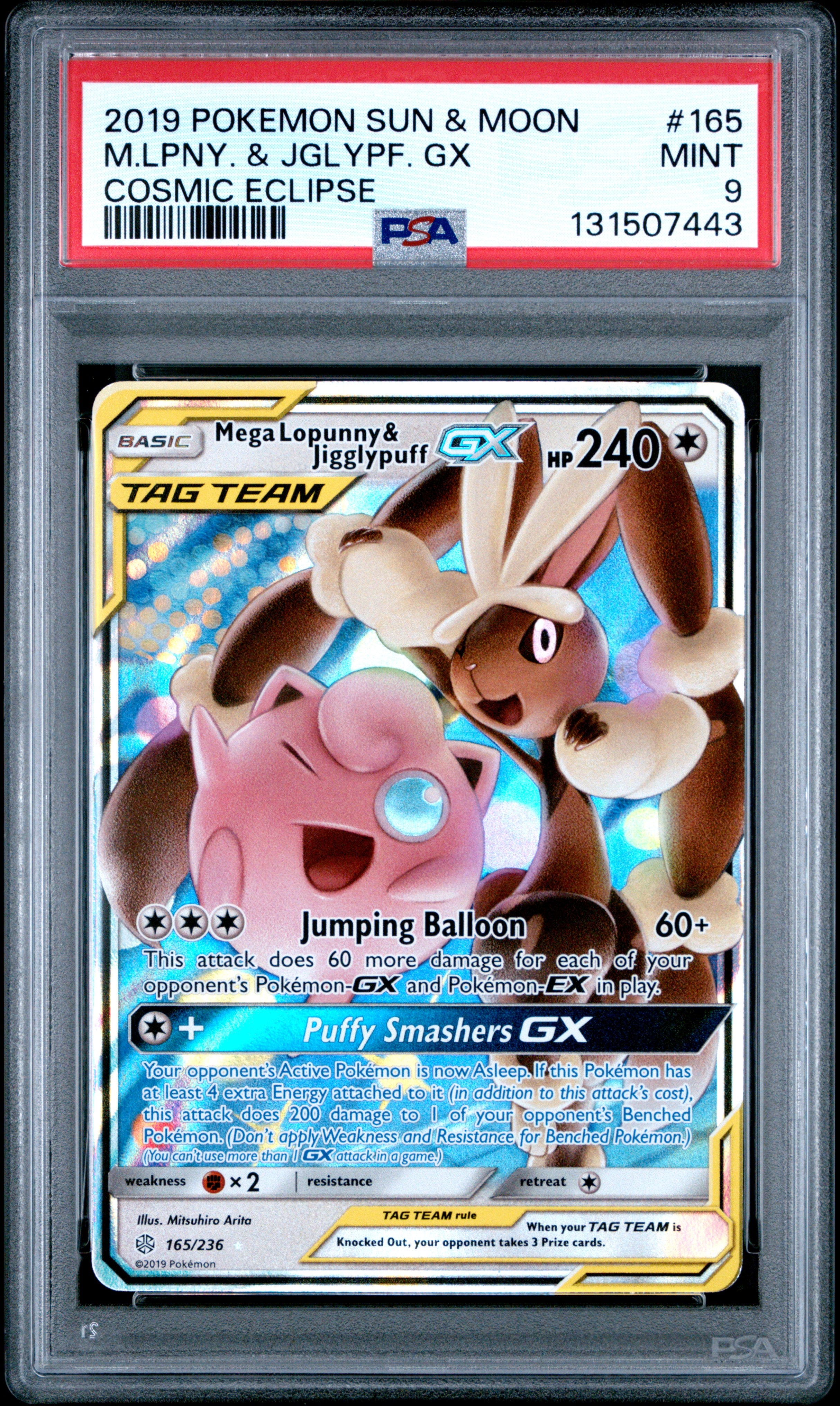 Pokemon Sun & Moon Cosmic Eclipse 165 Mega Lopunny & Jigglypuff Gx PSA 9 MINT Cert #131507443