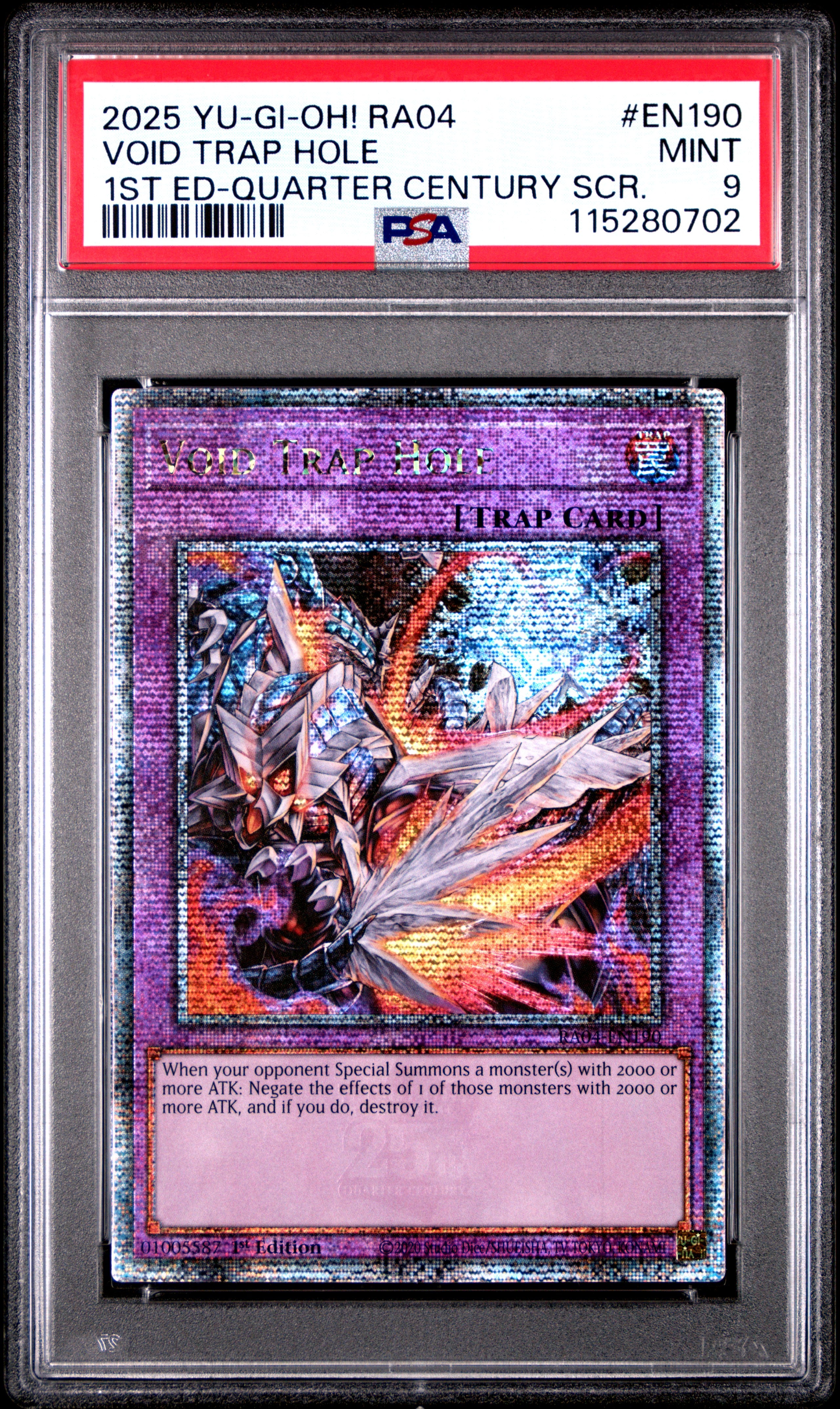 Yu Gi Oh! Ra04 Quarter Century Stampede En190 Void Trap Hole 1St Edition Quarter Century Secret Rare PSA 9 MINT Cert #115280702