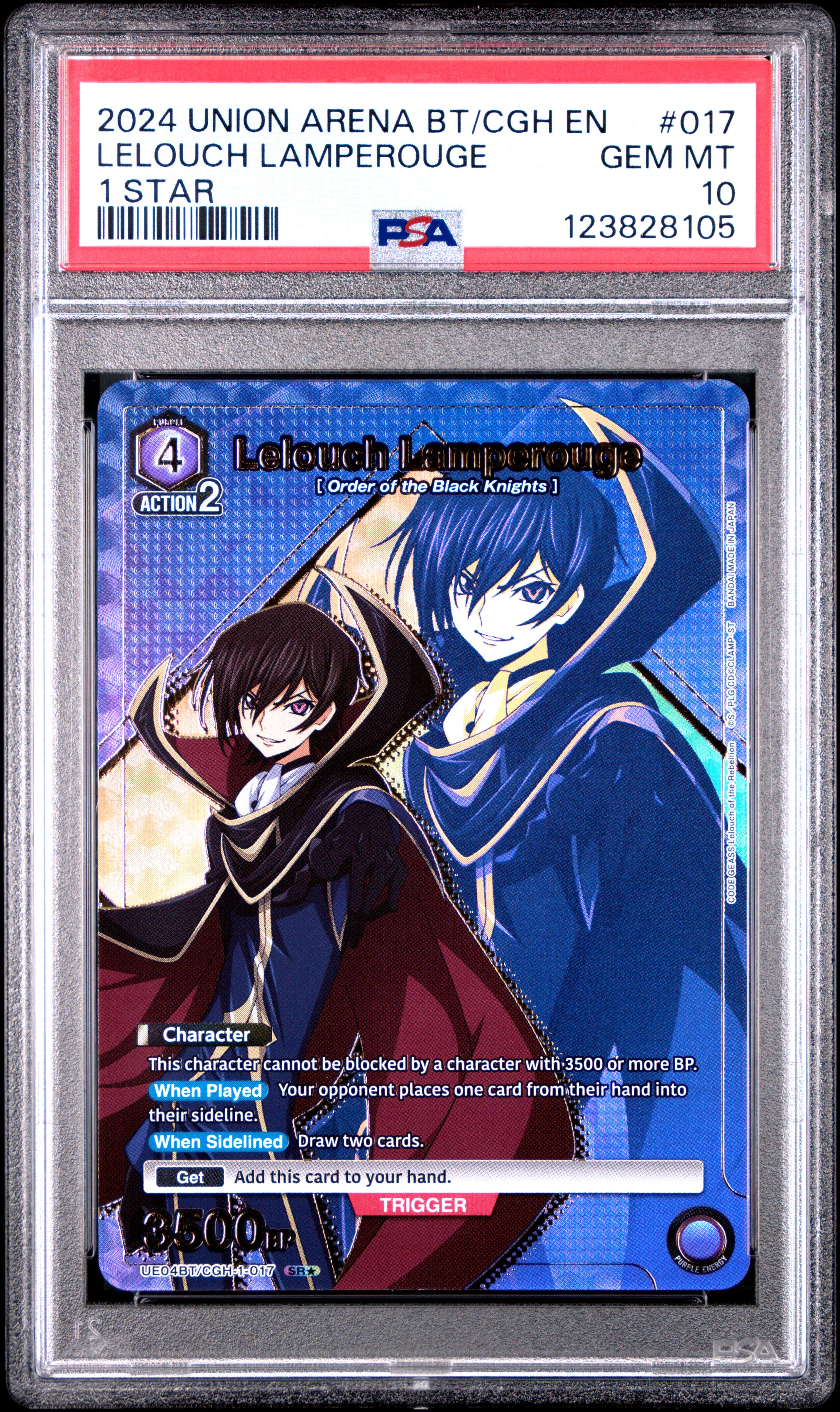 Union Arena Ue04Bt/Cgh Code Geass 017 Lelouch Lamperouge 1 Star PSA 10 GEM MINT Cert #123828105
