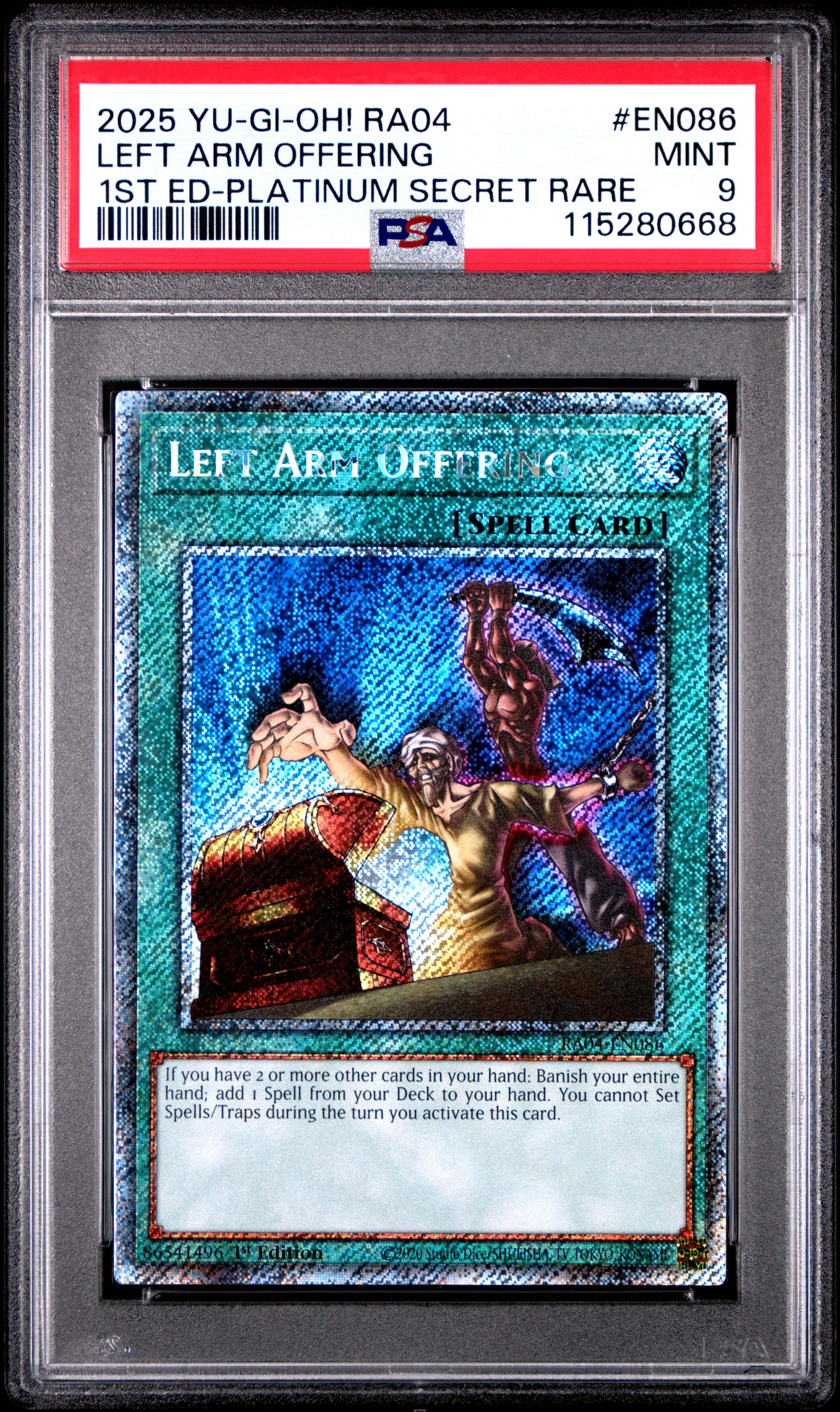 Yu Gi Oh! Ra04 Quarter Century Stampede En086 Left Arm Offering 1St Edition Platinum Secret Rare PSA 9 MINT Cert #115280668