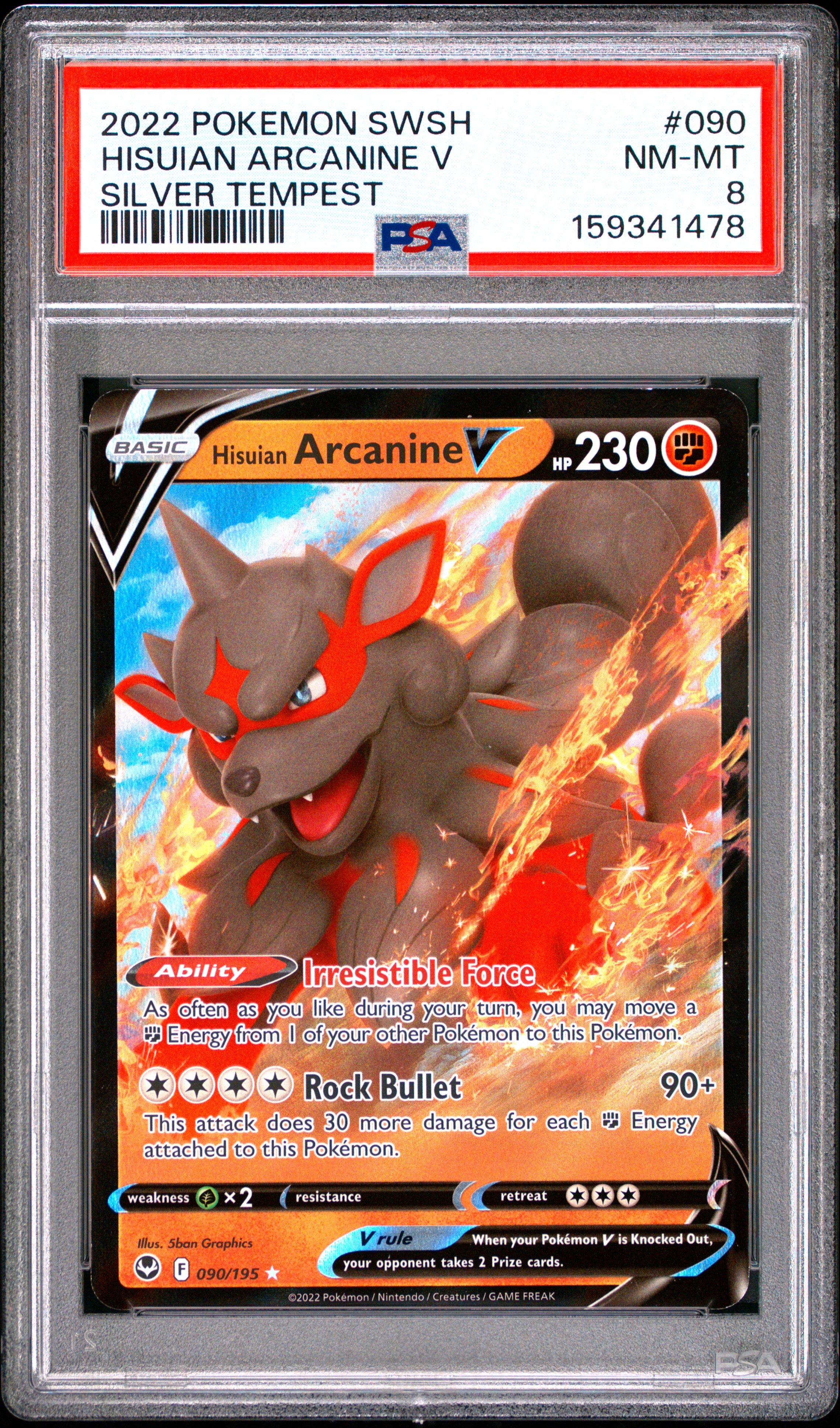 Pokemon Sword & Shield Silver Tempest 090 Hisuian Arcanine V PSA 8 NM-MT Cert #159341478