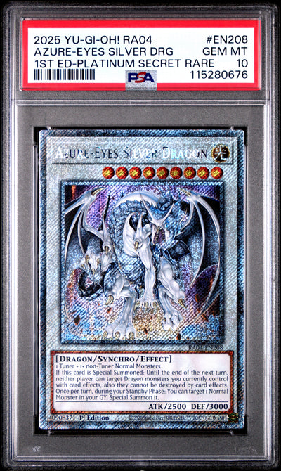 Yu Gi Oh! Ra04 Quarter Century Stampede En208 Azure Eyes Silver Dragon 1St Edition Platinum Secret Rare PSA 10 GEM MINT Cert #115280676