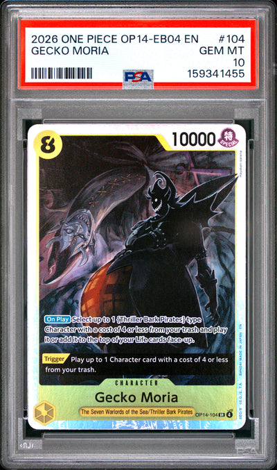 One Piece Op14 Eb04 The Azure Sea's Seven 104 Gecko Moria PSA 10 GEM MINT Cert #159341455