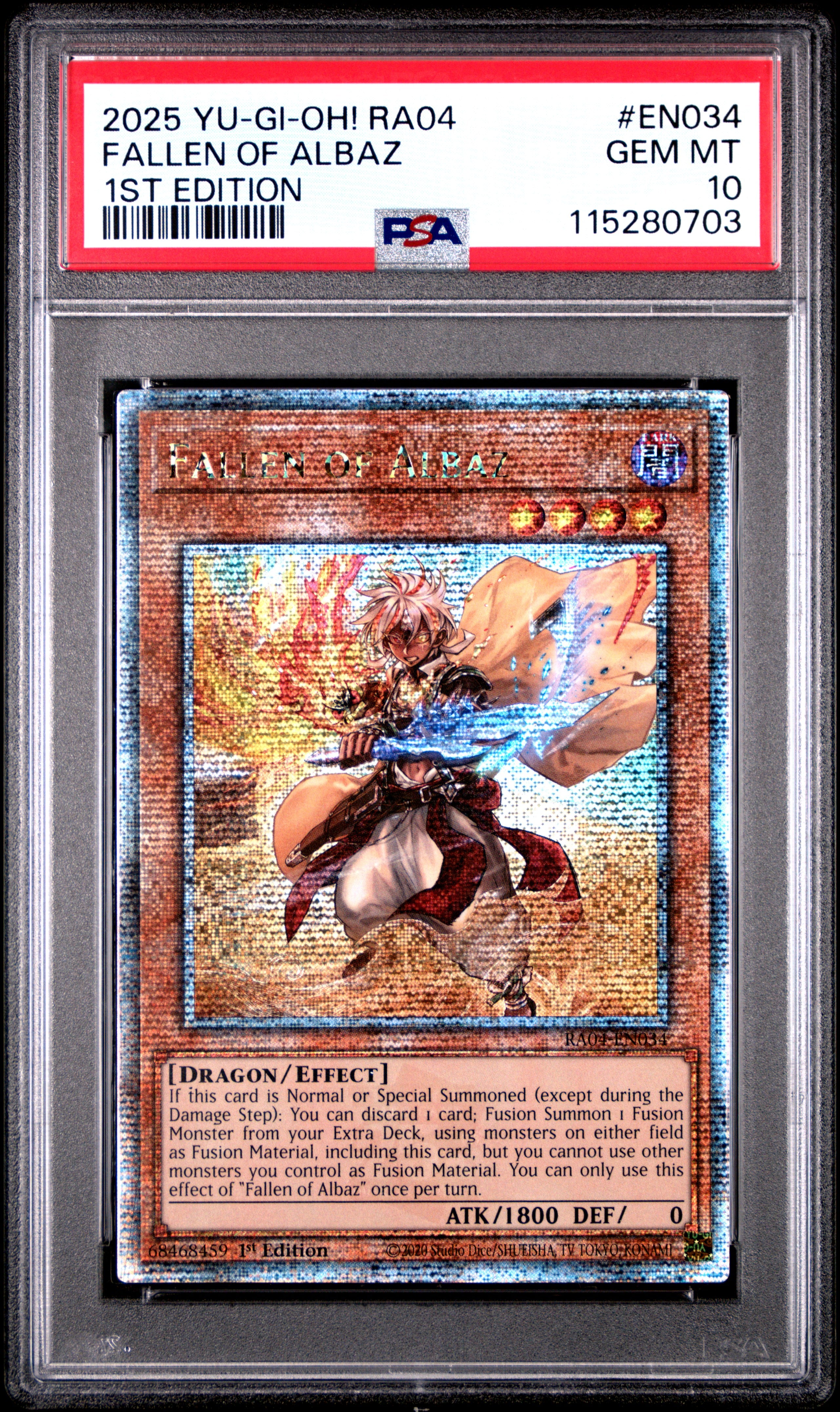 Yu Gi Oh! Ra04 Quarter Century Stampede En034 Fallen Of Albaz 1St Edition PSA 10 GEM MINT Cert #115280703
